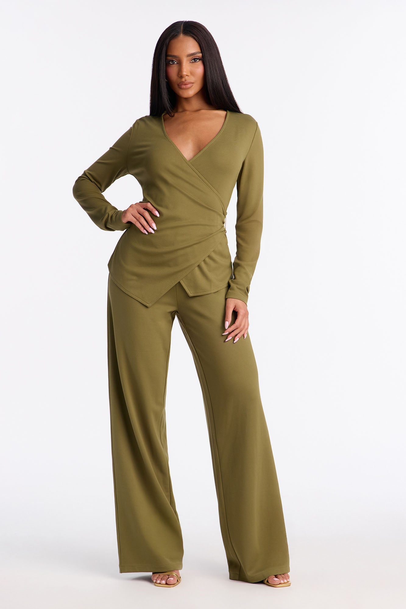 Helena Wrap Top And Wide Leg Pant Set - Olive