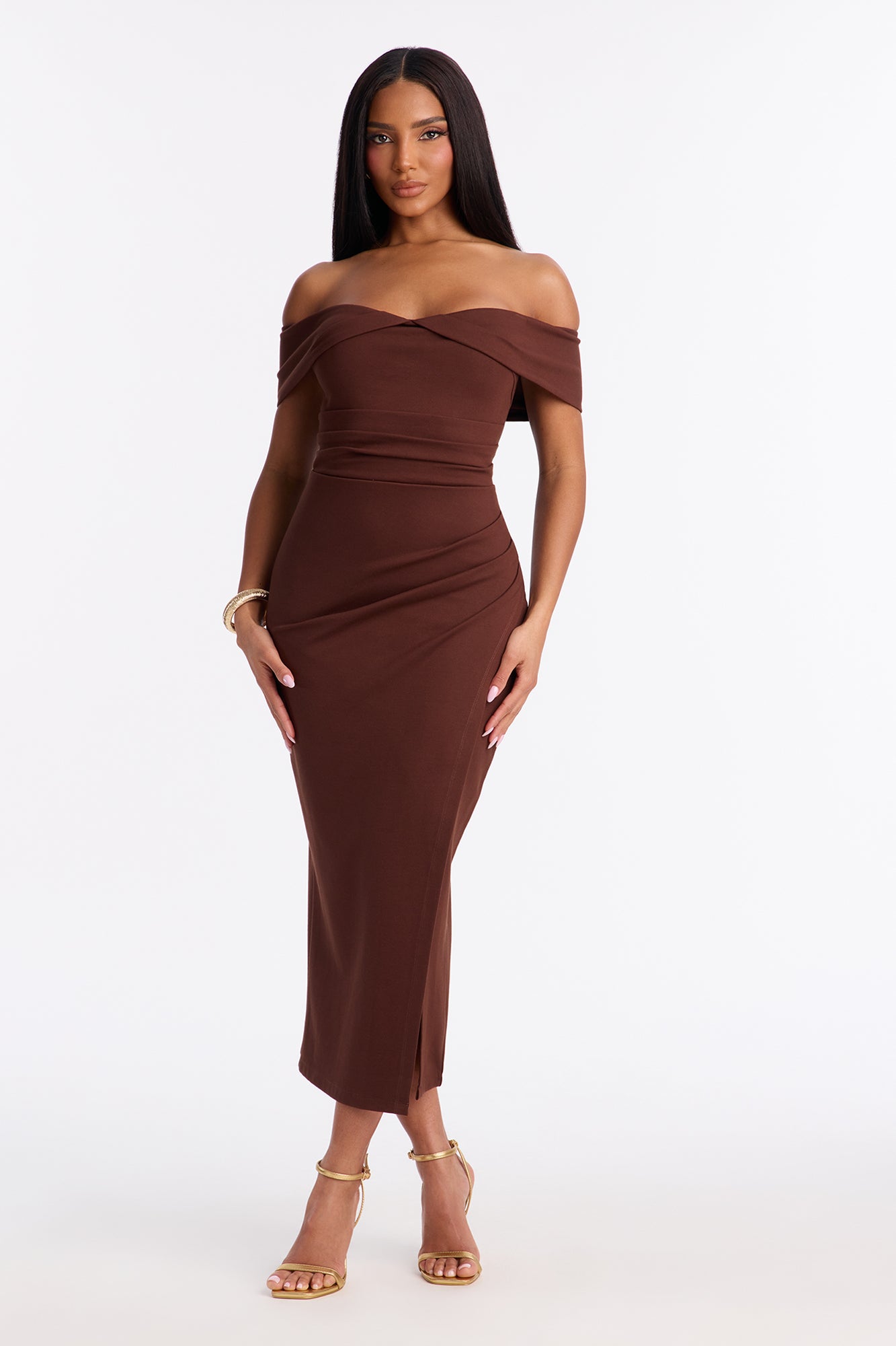 Samantha Off Shoulder Body Sculpting Ponte Midi Dress - Chocolate