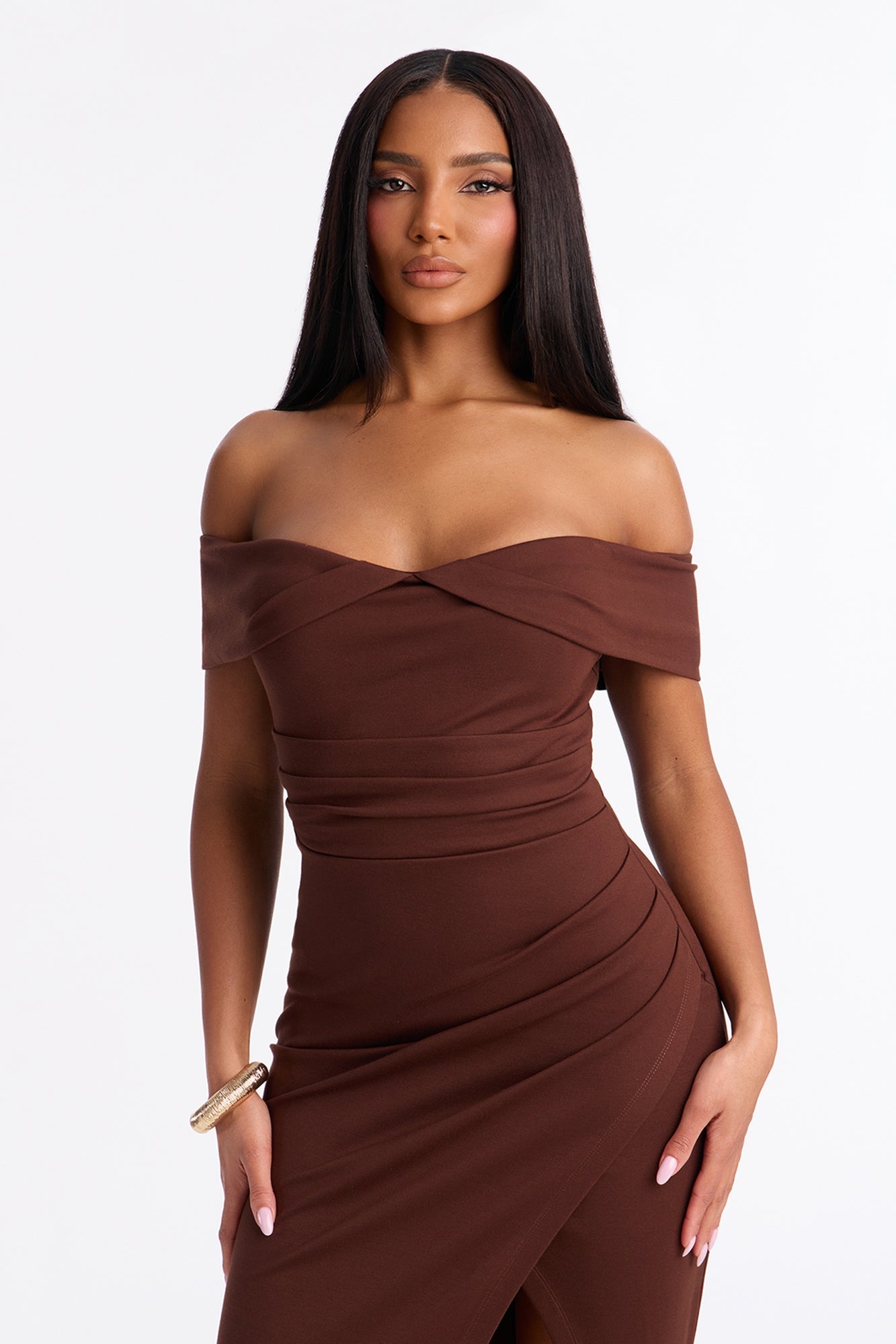 Samantha Off Shoulder Body Sculpting Ponte Midi Dress - Chocolate