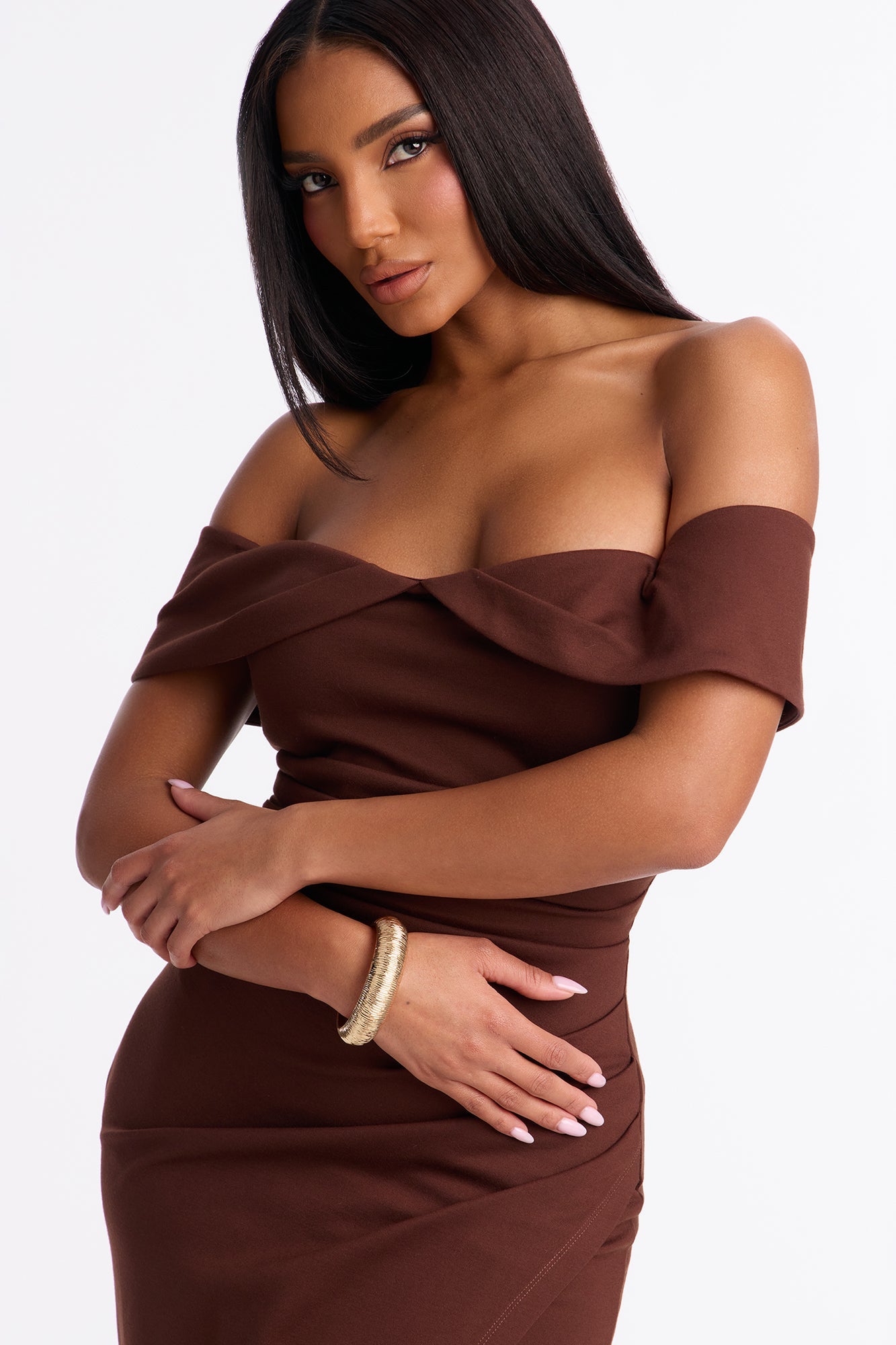 Samantha Off Shoulder Body Sculpting Ponte Midi Dress - Chocolate