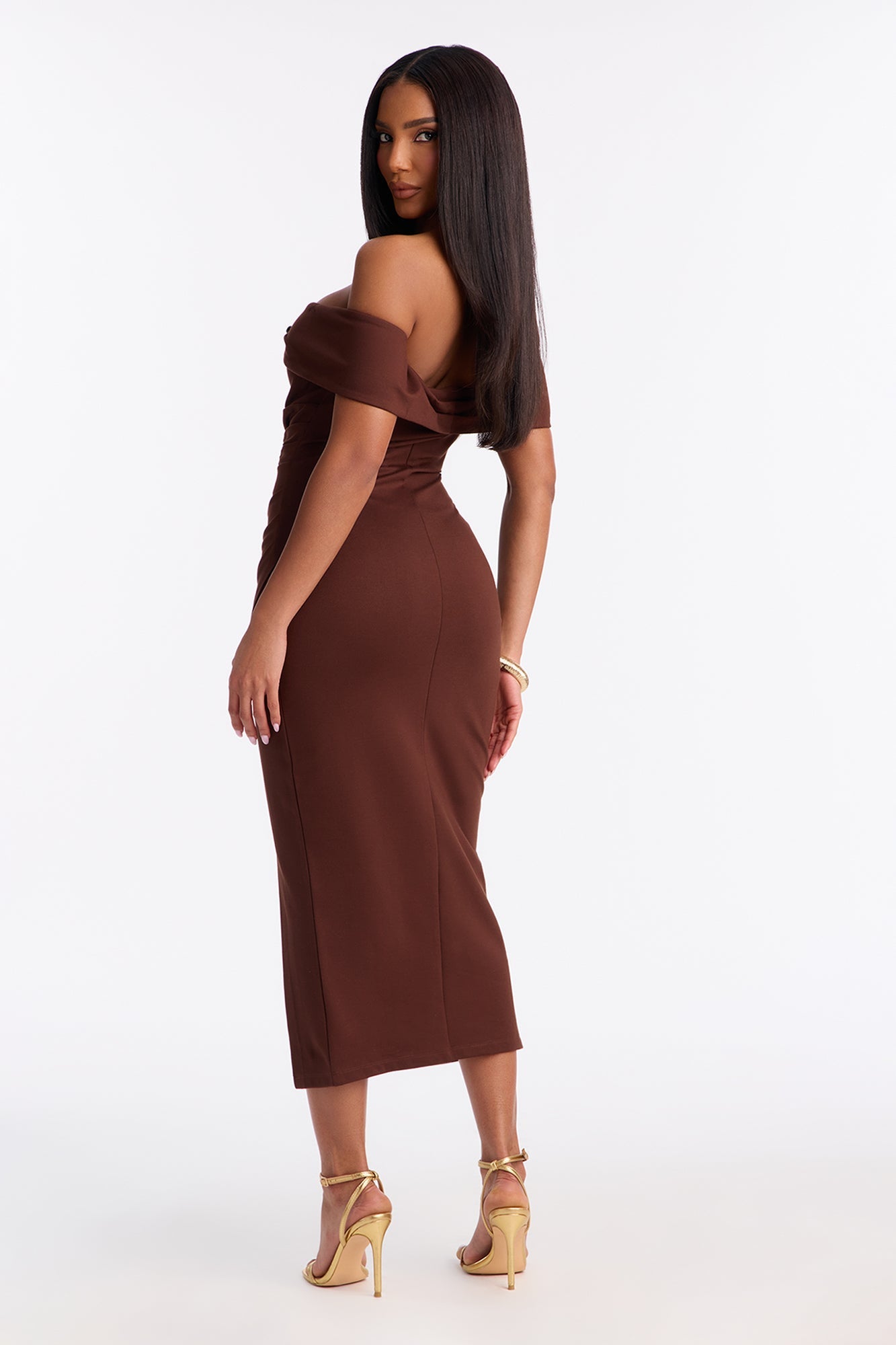 Samantha Off Shoulder Body Sculpting Ponte Midi Dress - Chocolate