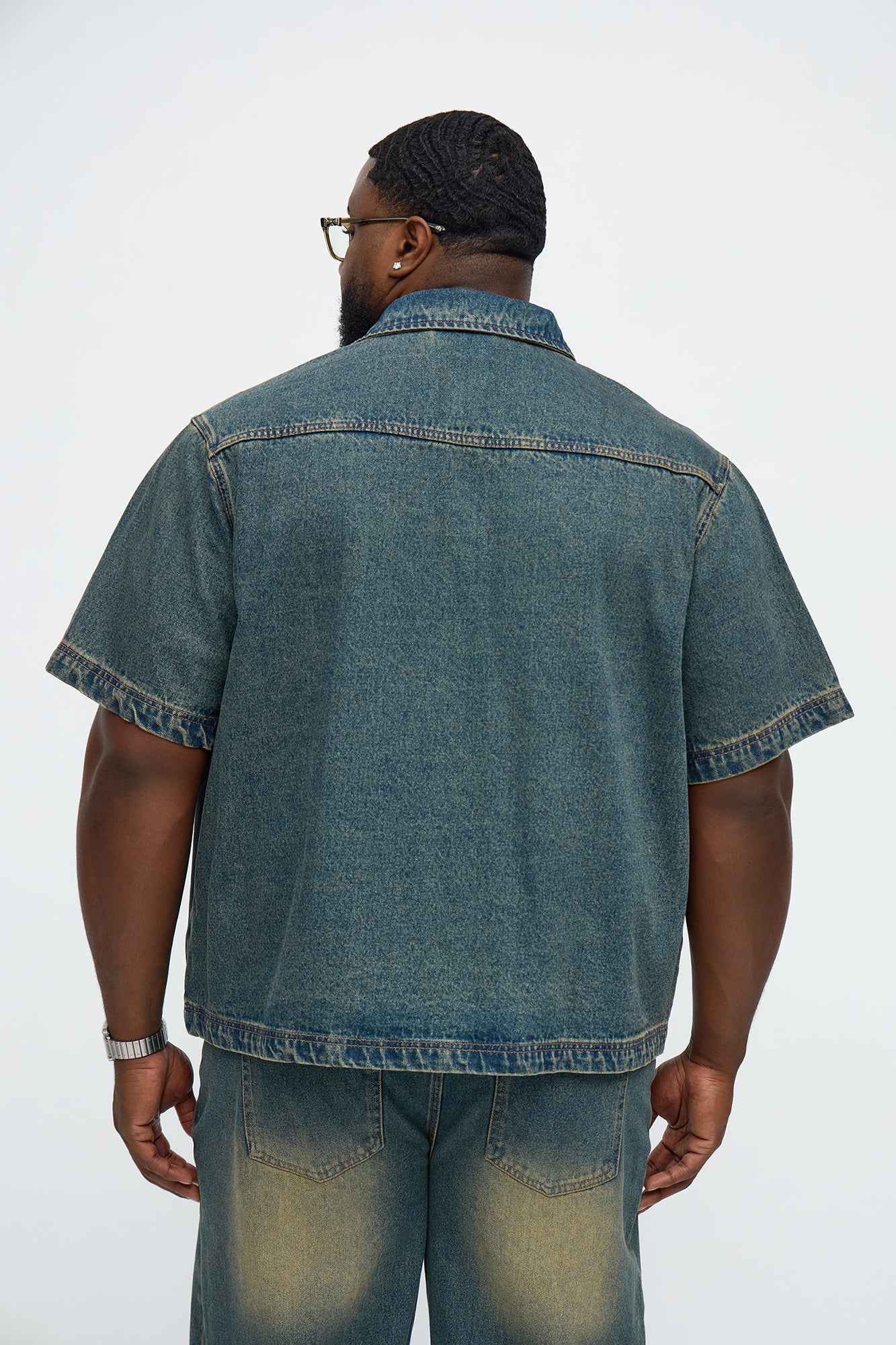 Eyelet Detail Button Down Denim Shirt - Vintage Blue Wash