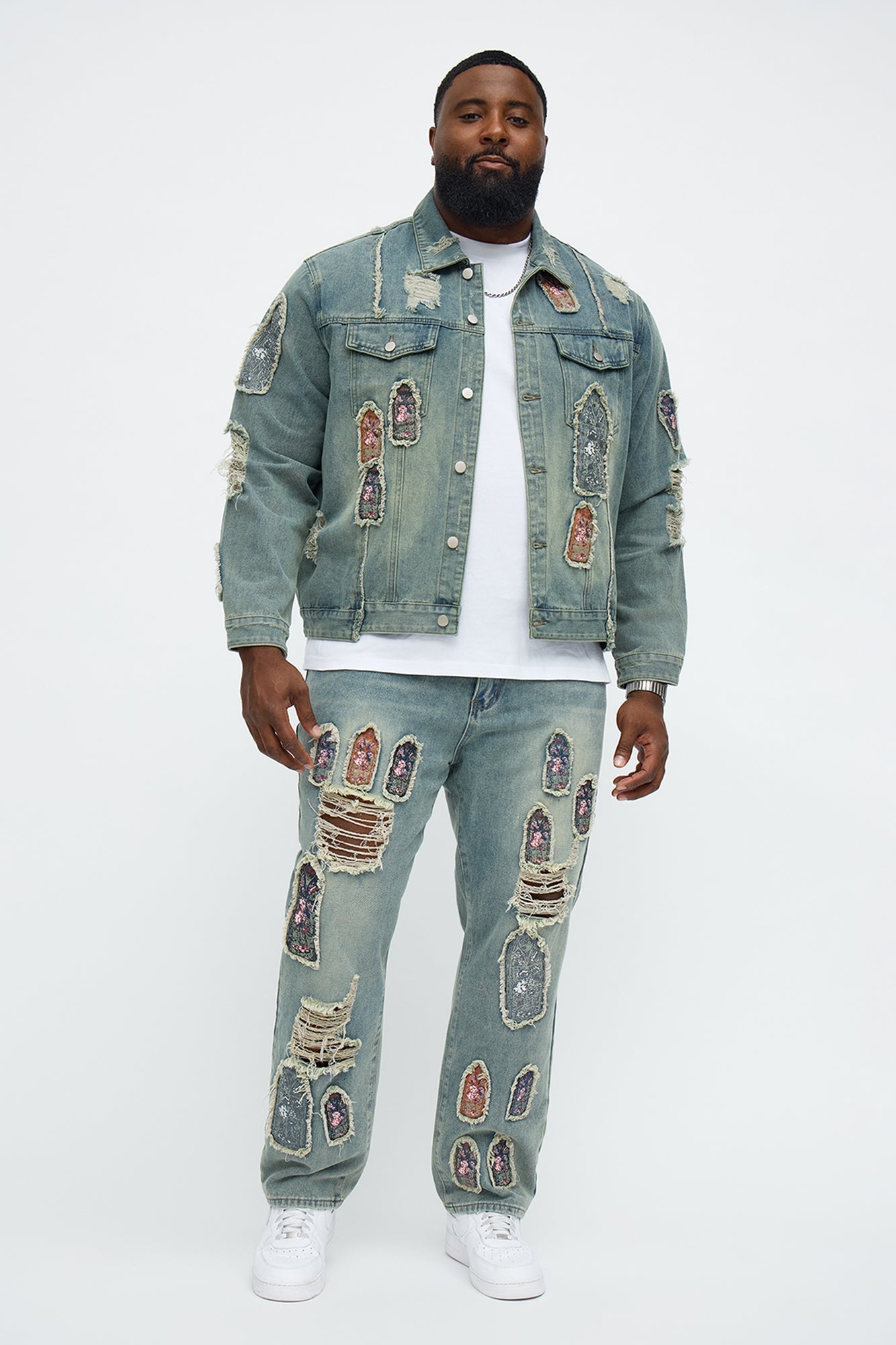 Relaxed Straight Holy Windows Patched Distressed Jean - Vintage Blue Wash
