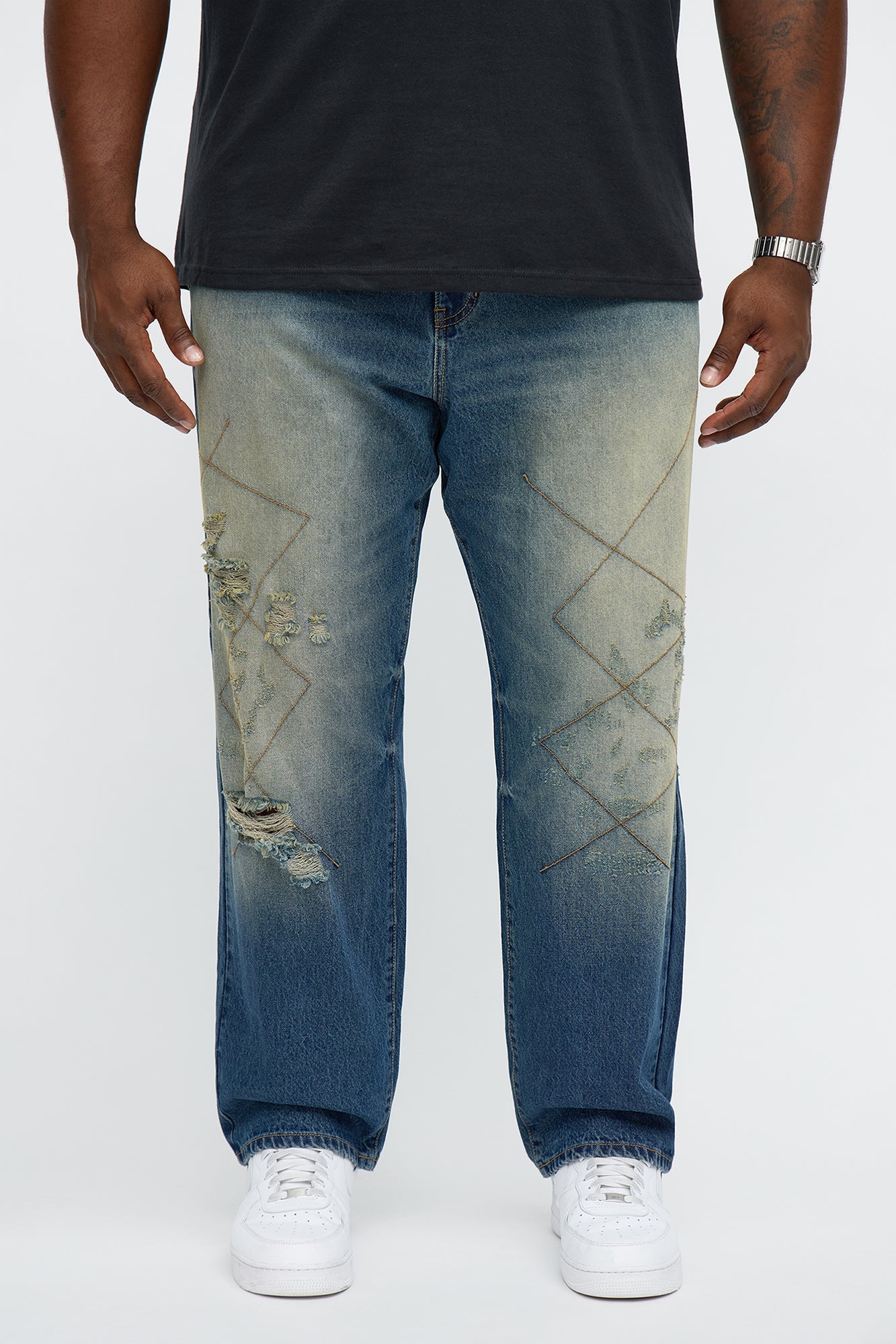 Straight With Stitches Distressed Jean - Vintage Blue Wash