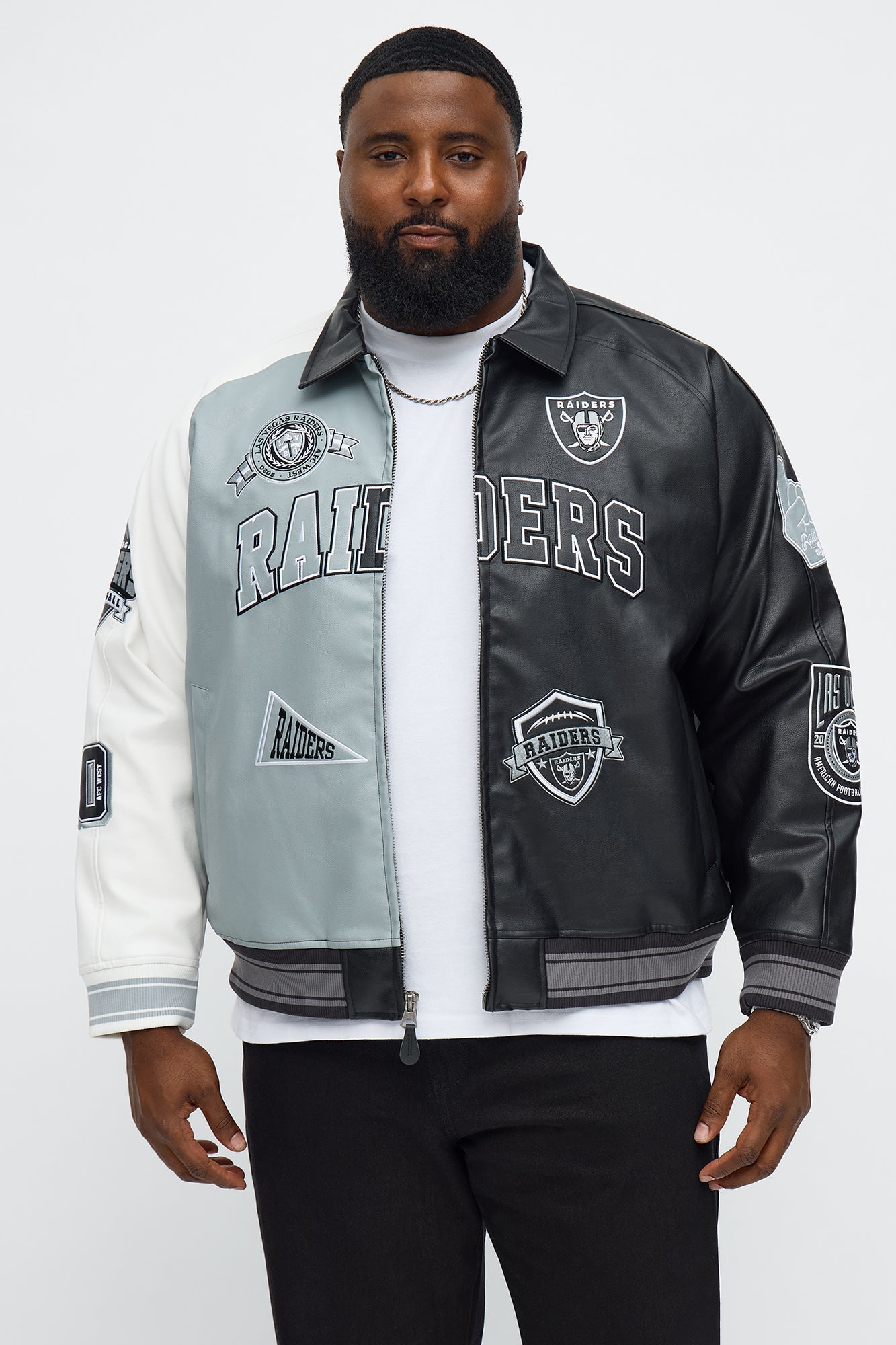 Raiders Marquee Star Faux Patent Leather Long Sleeve Varsity Jacket - Black/combo