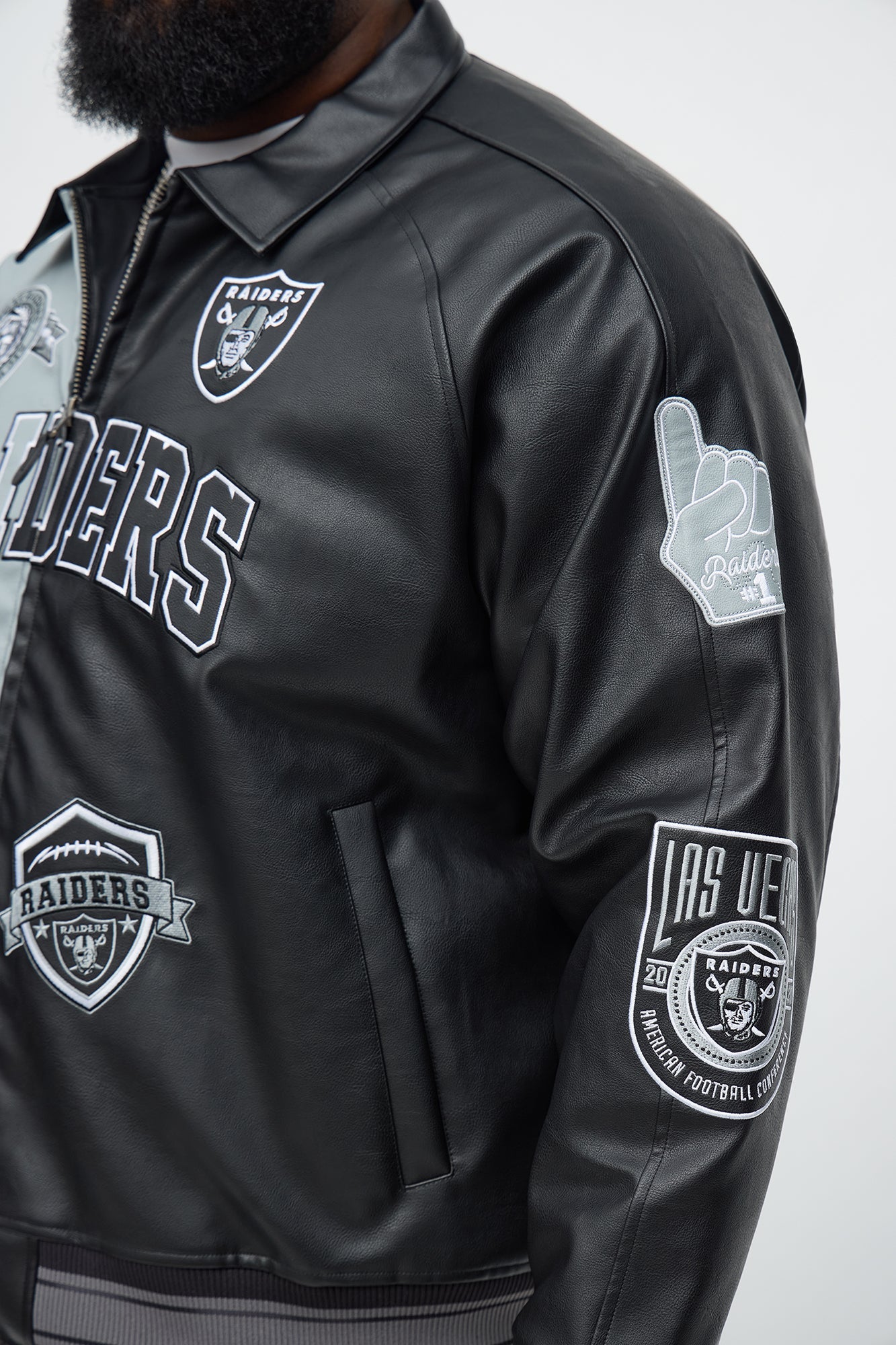 Raiders Marquee Star Faux Patent Leather Long Sleeve Varsity Jacket - Black/combo