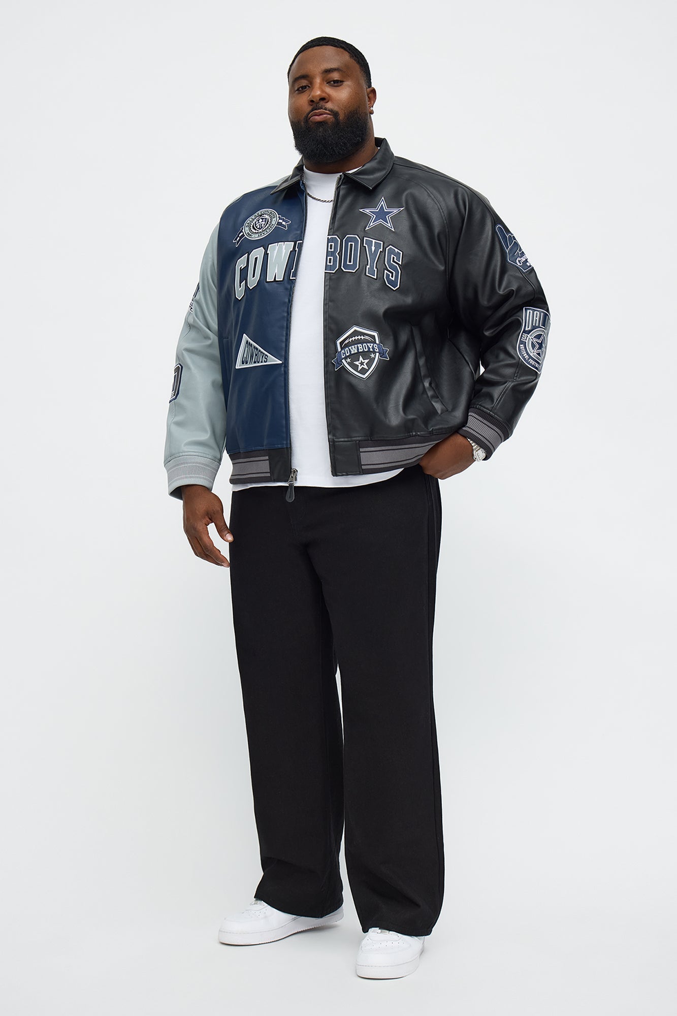 Cowboys Marquee Star Faux Patent Leather Long Sleeve Varsity Jacket - Navy