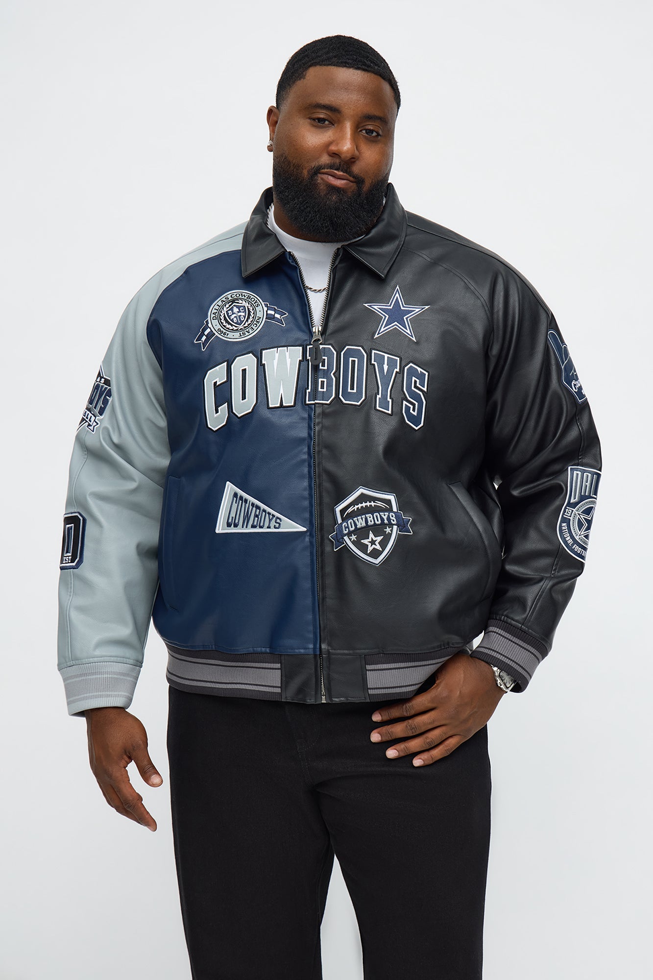 Cowboys Marquee Star Faux Patent Leather Long Sleeve Varsity Jacket - Navy