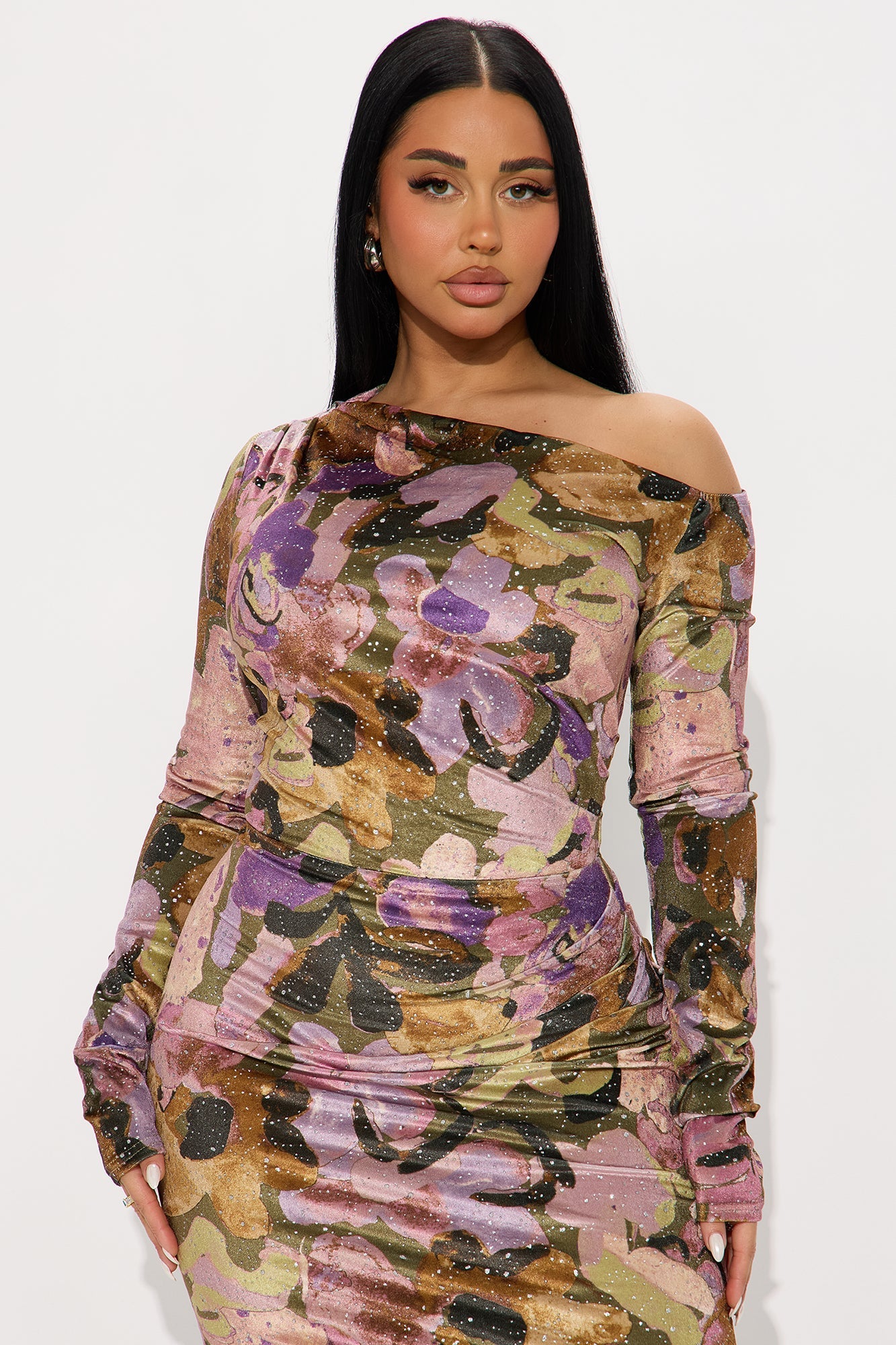 Prisa Floral Velvet Maxi Dress - Olive/combo