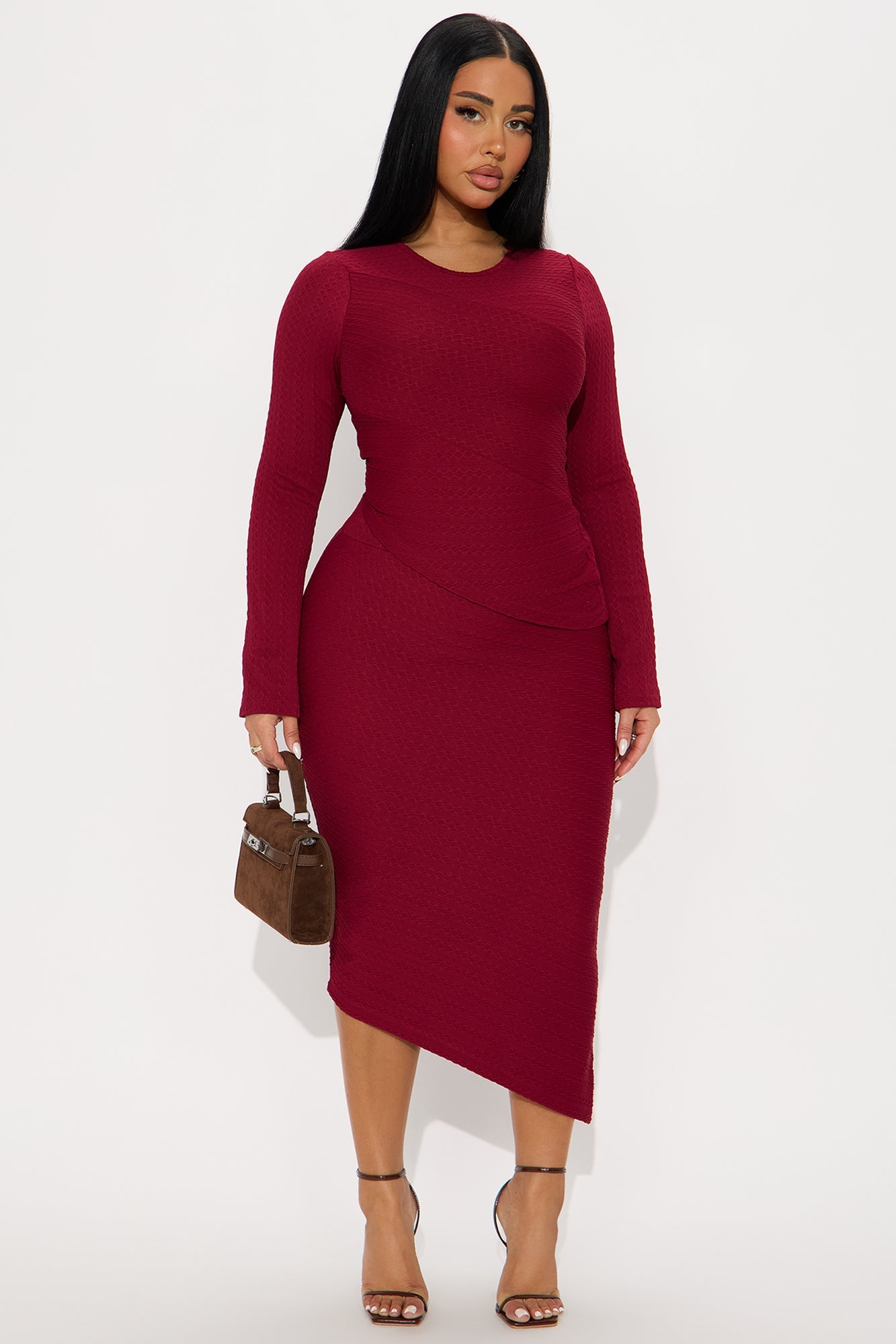 Date Ready Asymmetrical Textured Midi Skirt Set - Burgundy