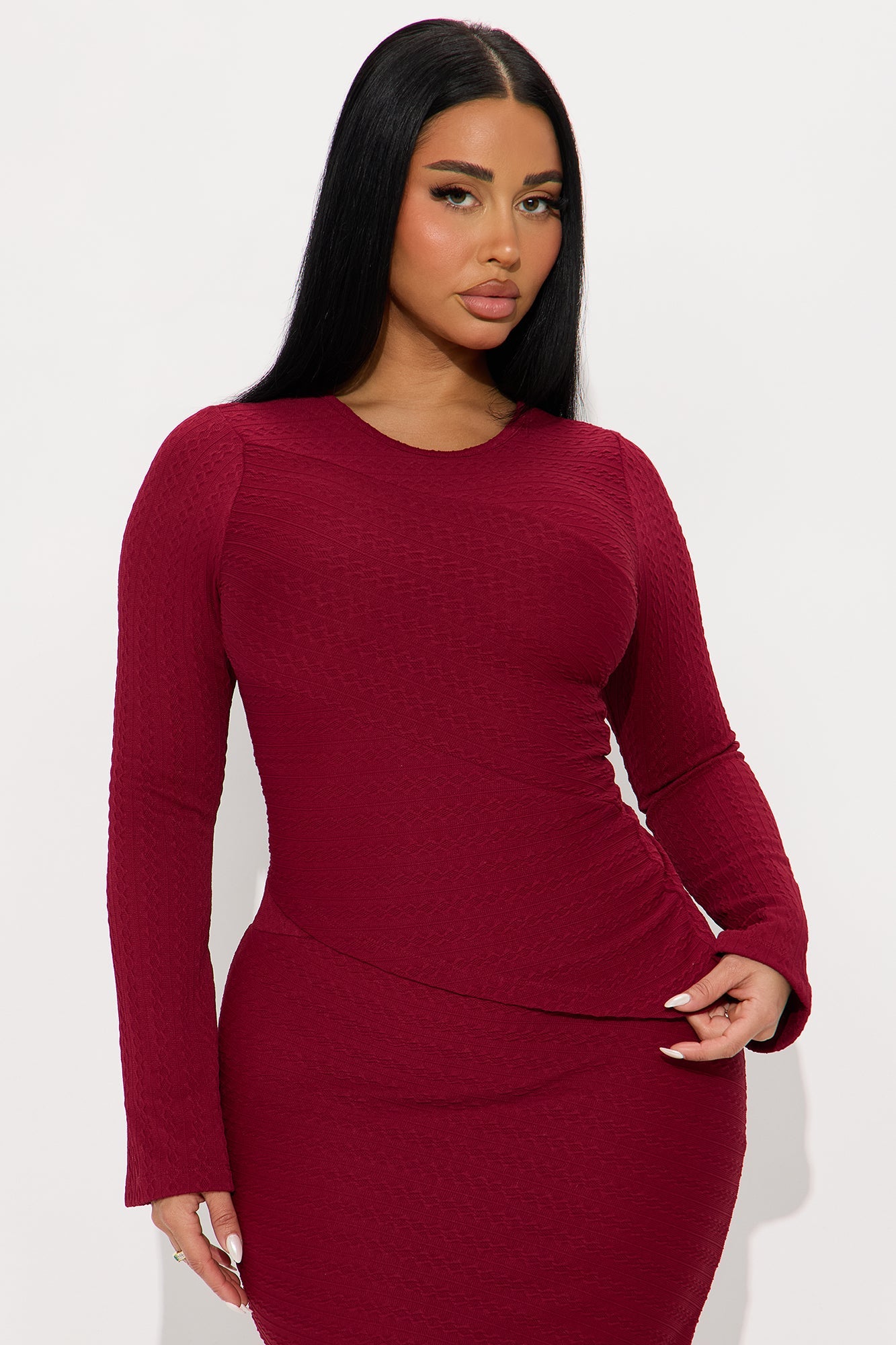 Date Ready Asymmetrical Textured Midi Skirt Set - Burgundy