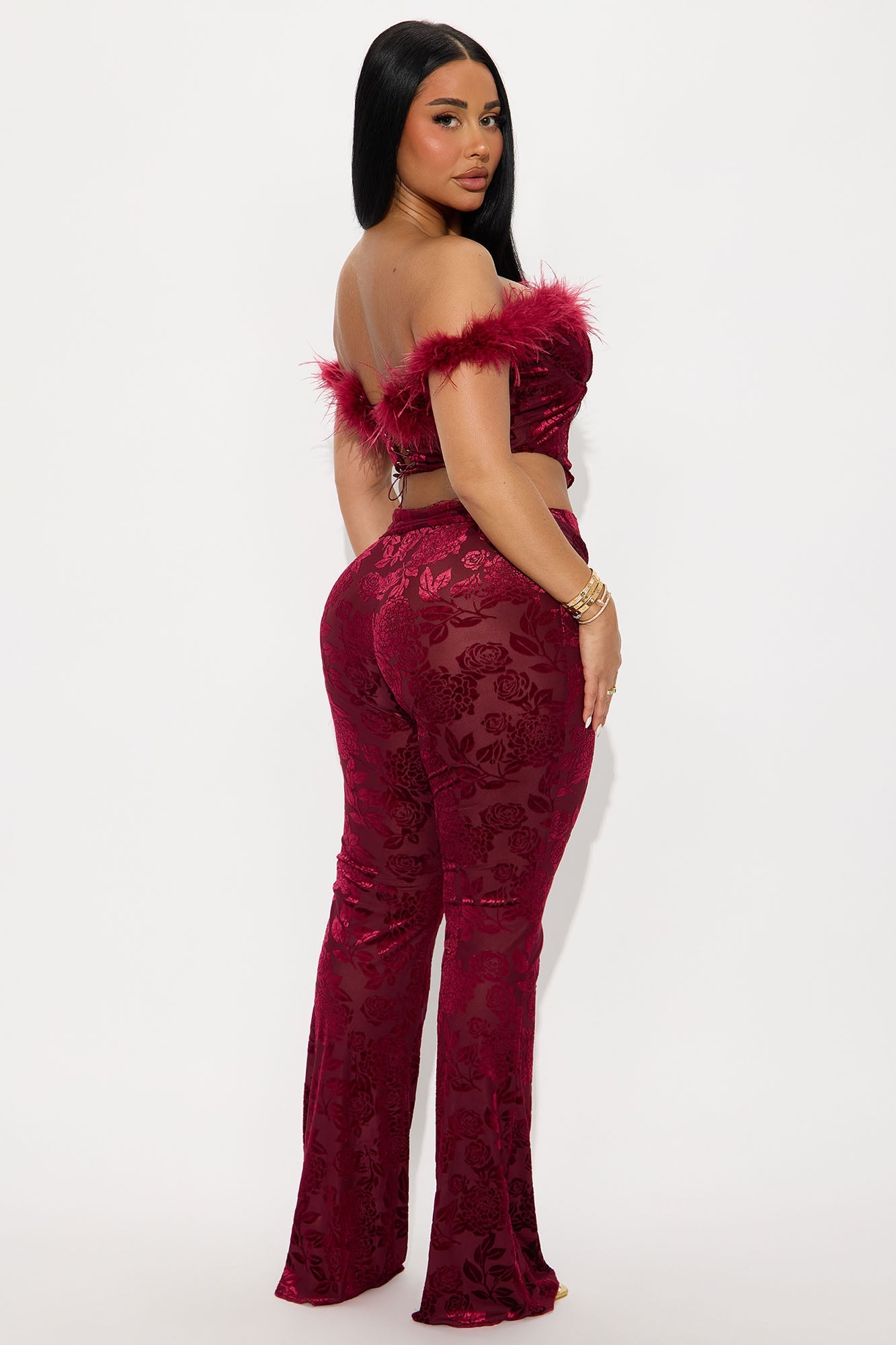 Myla Velvet Faux Fur Corset Pant Set - Wine