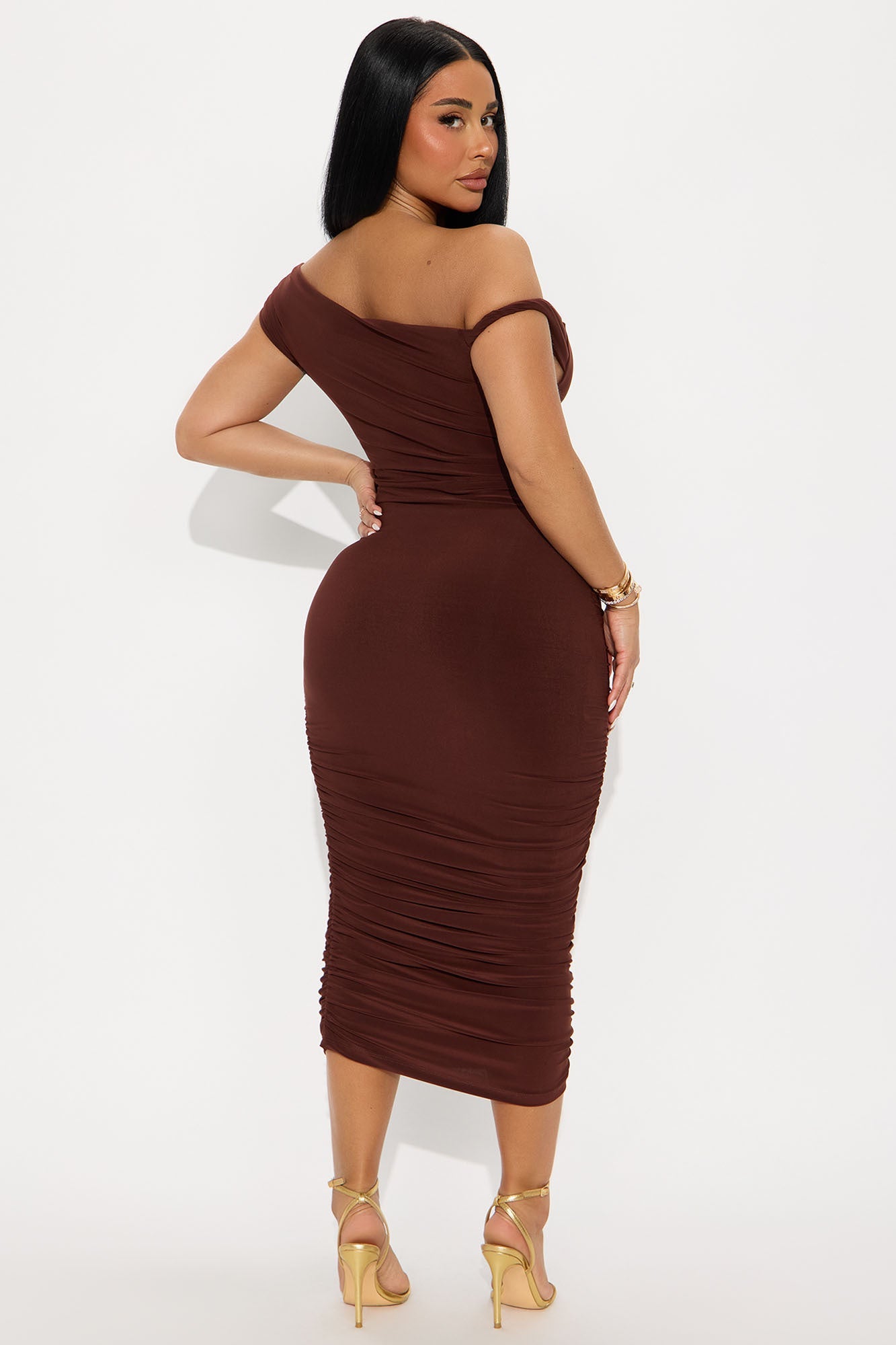 Blind Date One Shoulder Midi Dress - Chocolate
