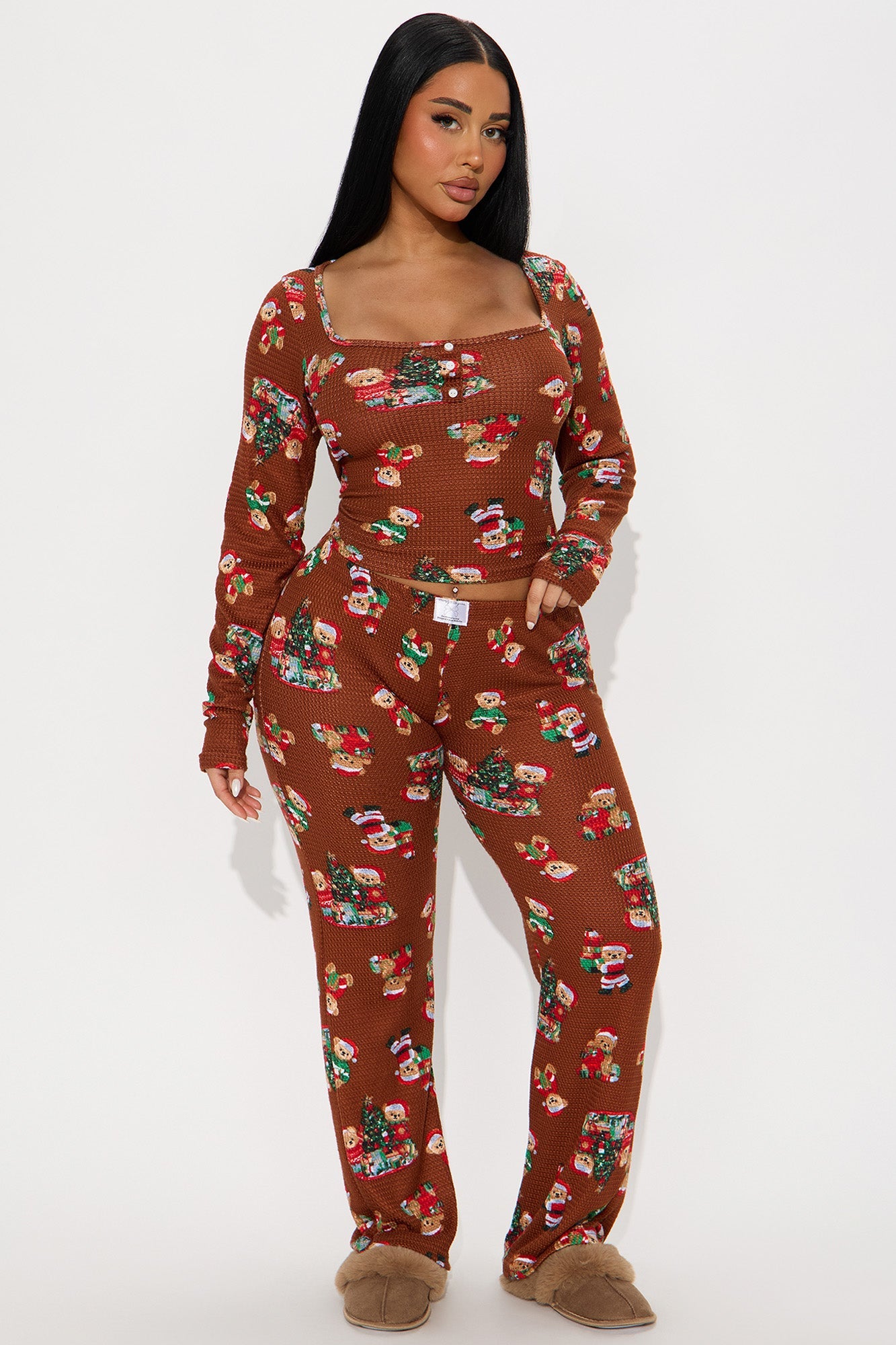 Christmas Teddy Bears Waffle Long Sleeve PJ Pant Set - Chocolate