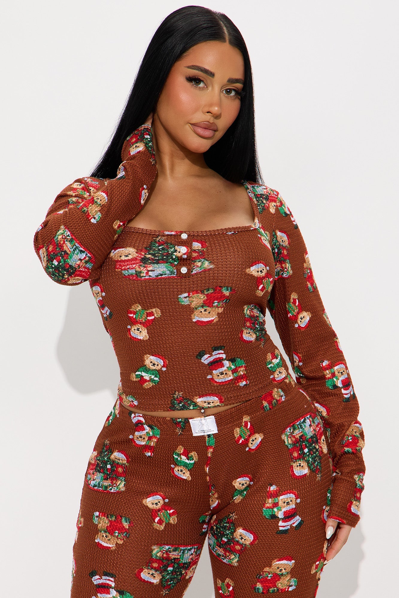 Christmas Teddy Bears Waffle Long Sleeve PJ Pant Set - Chocolate