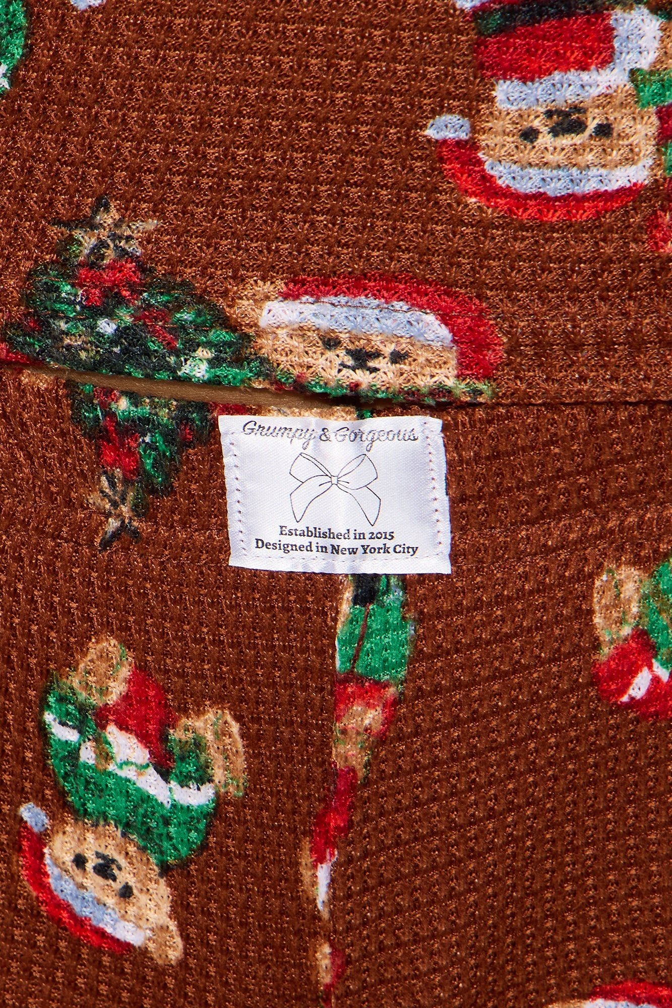 Christmas Teddy Bears Waffle Long Sleeve PJ Pant Set - Chocolate