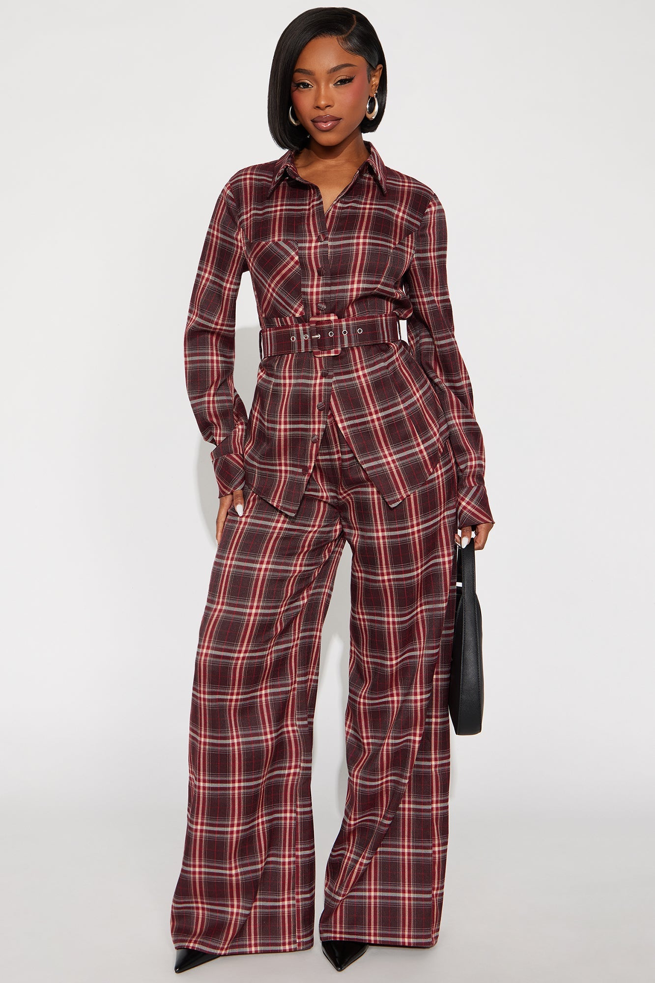 Layer Slayer Plaid Belted Pant Set - Burgundy