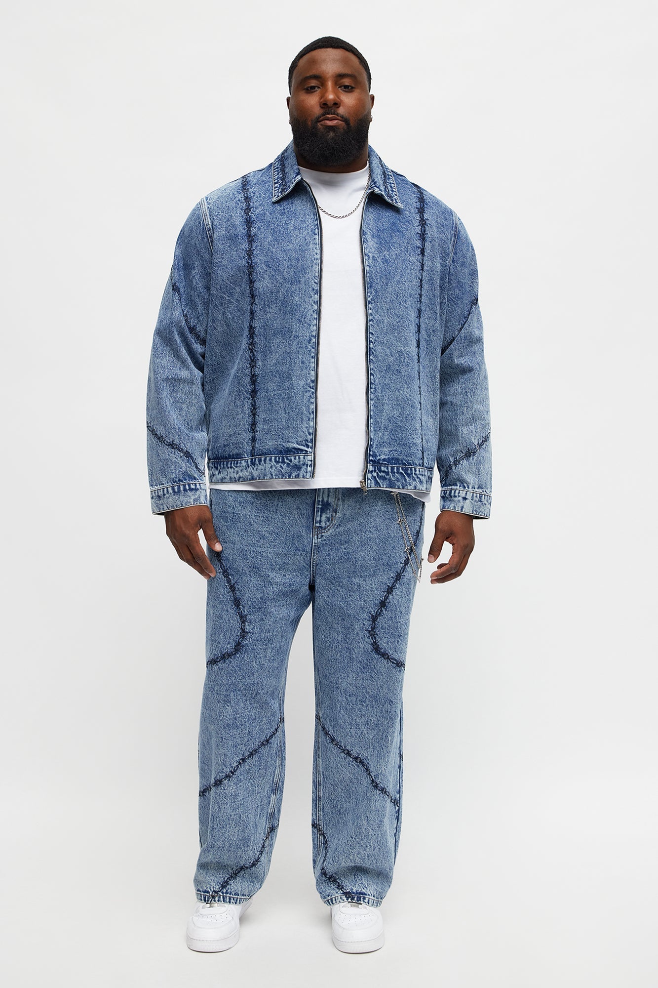 Baggy Embroidered Barbwire Jean - Medium Blue Wash