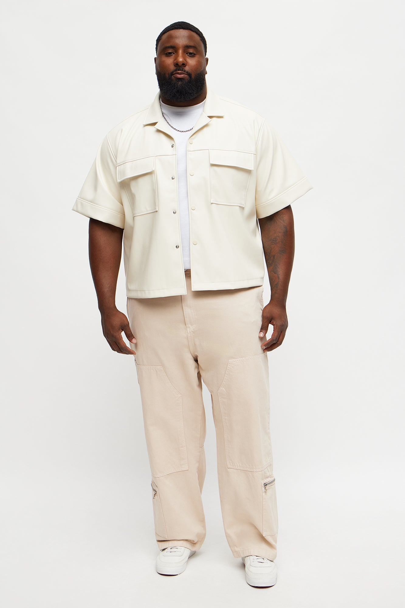High Stepper Faux Leather Button Up Shirt - Off White