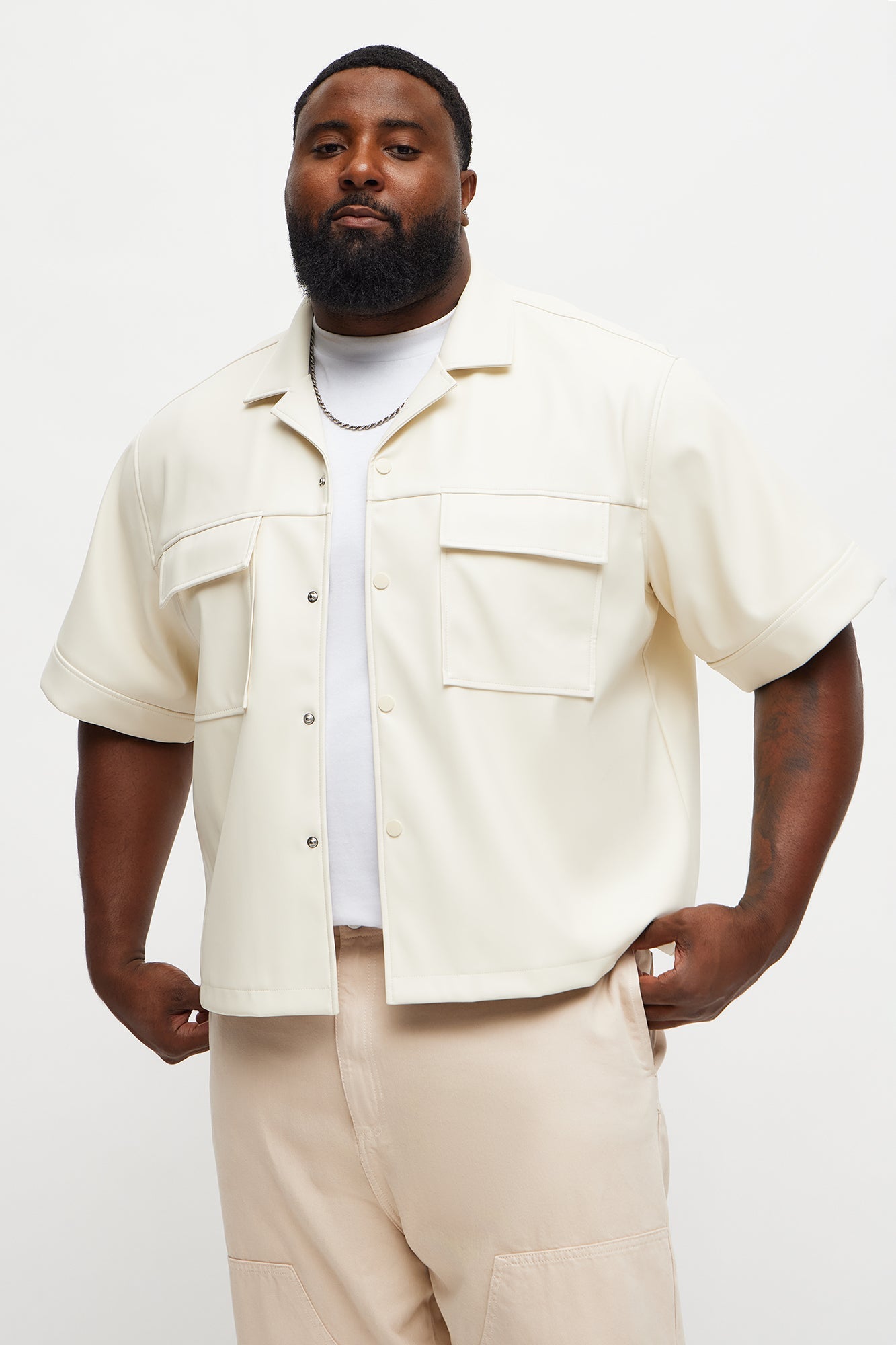 High Stepper Faux Leather Button Up Shirt - Off White