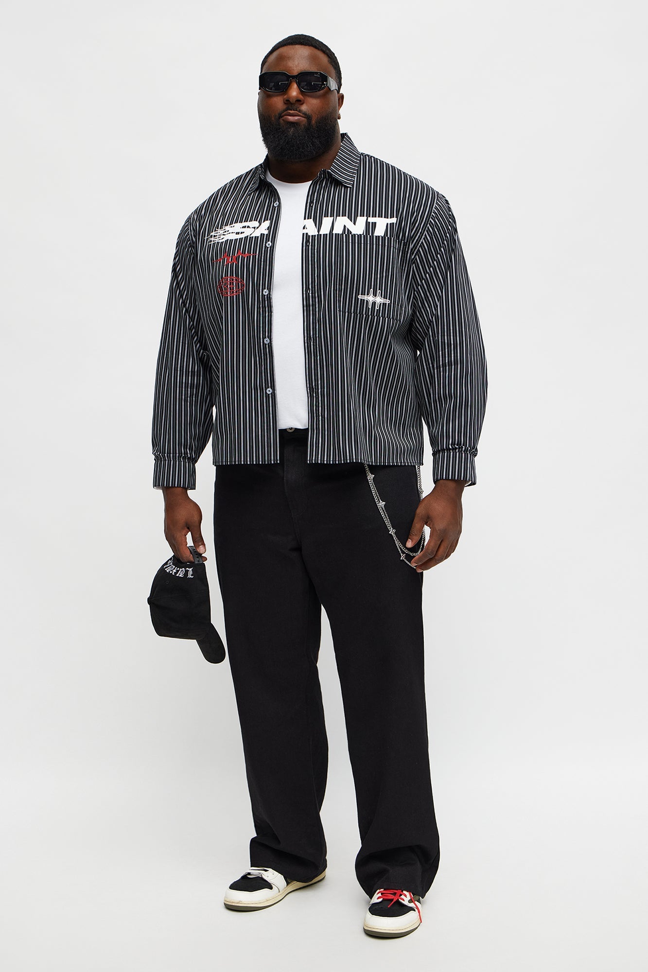 Cropped Pin Stripe Saint Button Up Shirt - Black