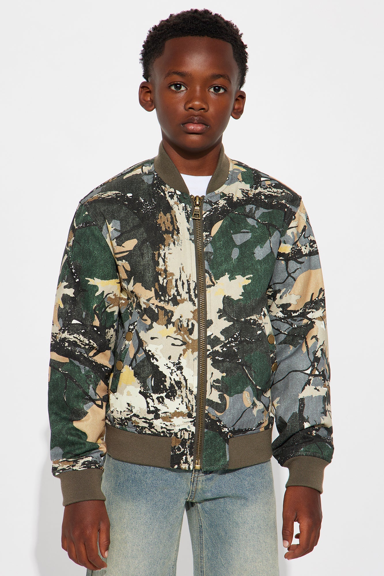 Mini Relaxed Washed Abstract Camo Bomber Jacket - Camouflage