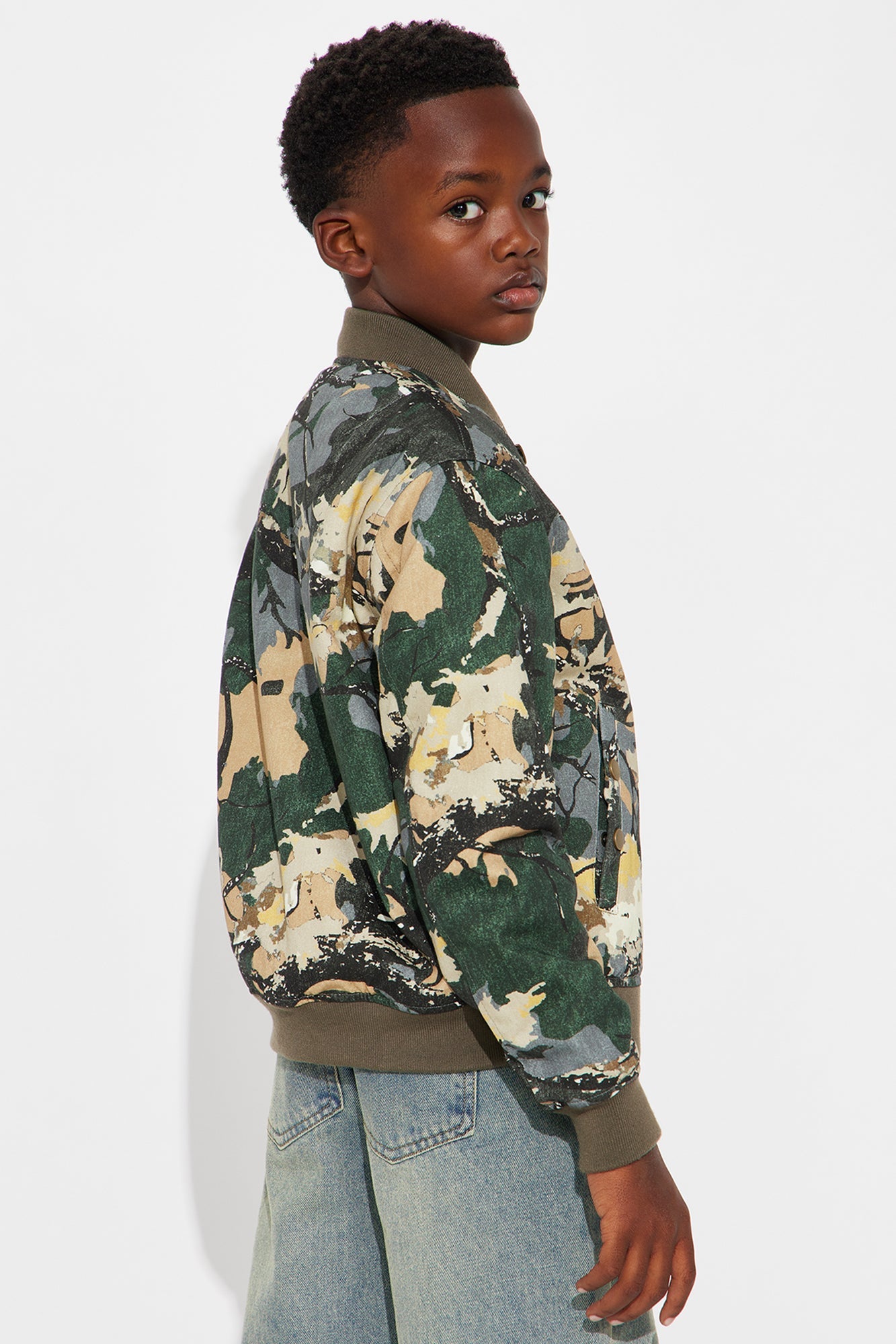 Mini Relaxed Washed Abstract Camo Bomber Jacket - Camouflage