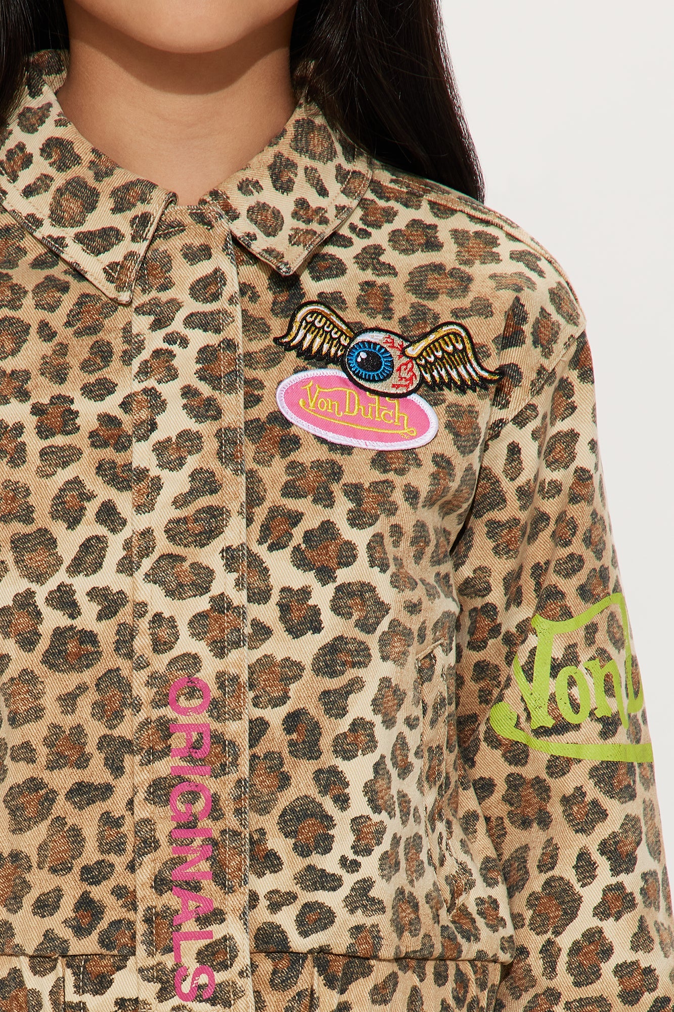 Mini Von Dutch Leopard Denim Bomber Jacket - Brown/combo