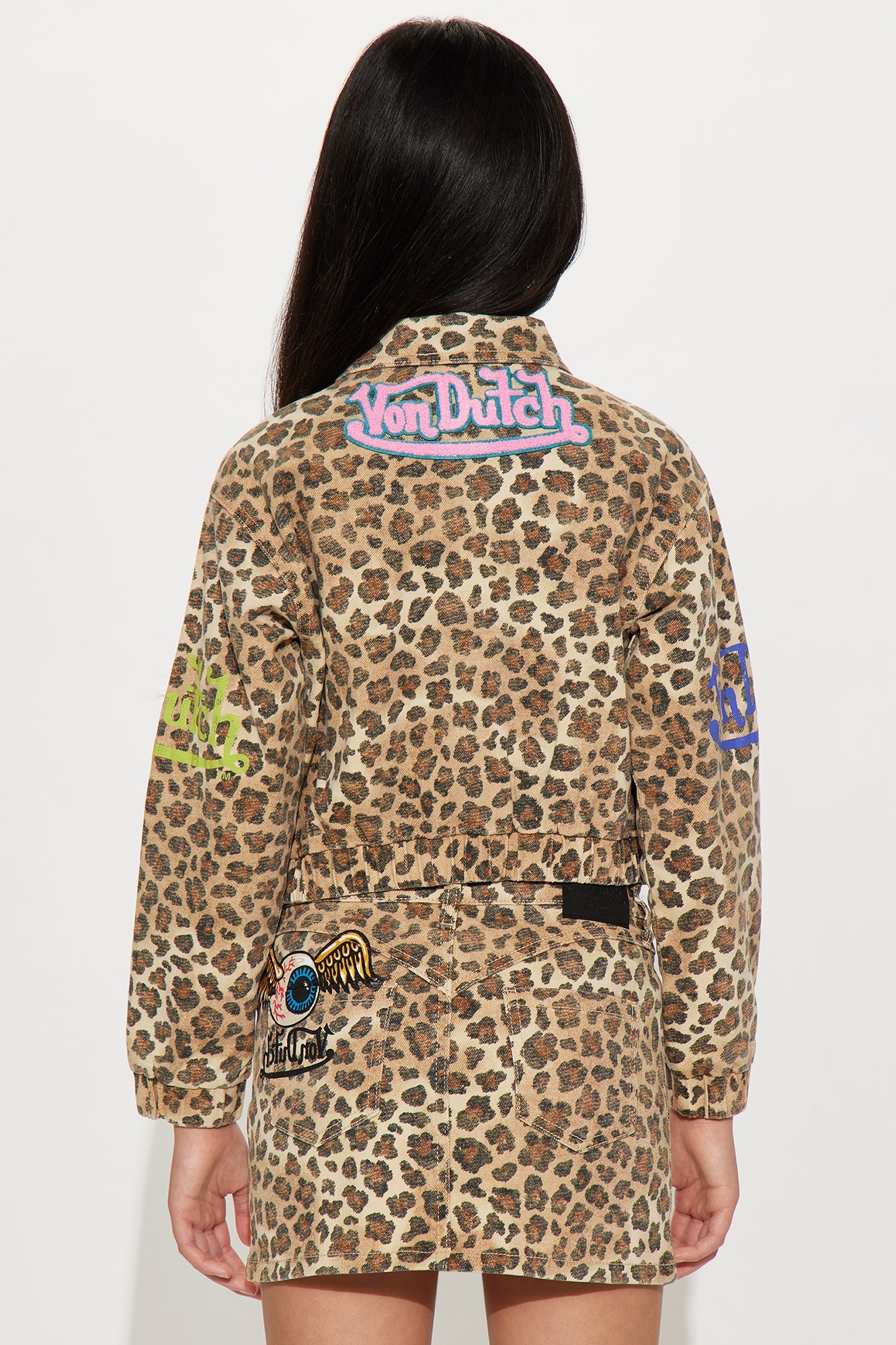 Mini Von Dutch Leopard Denim Bomber Jacket - Brown/combo