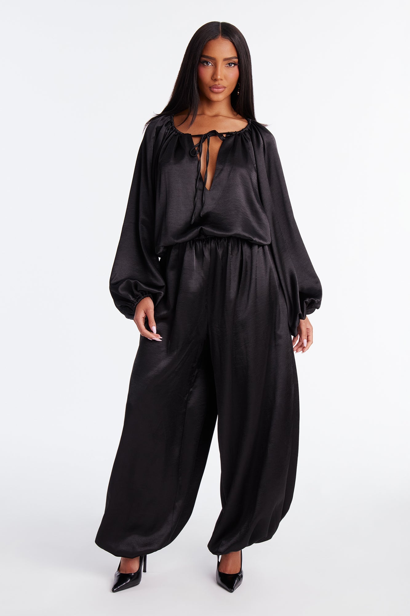Irene Satin Balloon Jumpsuit - Black