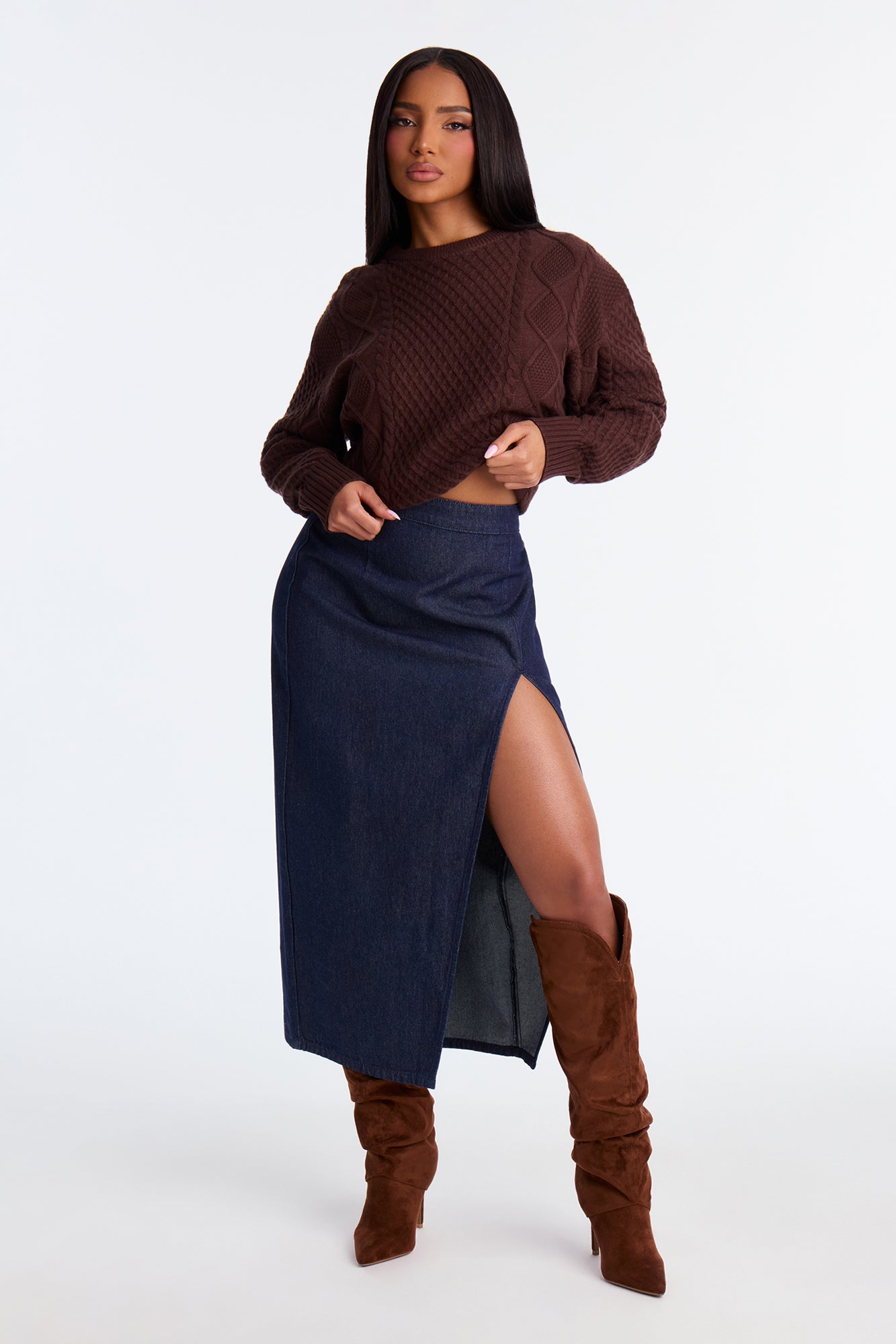 Iris Slit Denim Maxi Skirt - Rinse Blue Wash