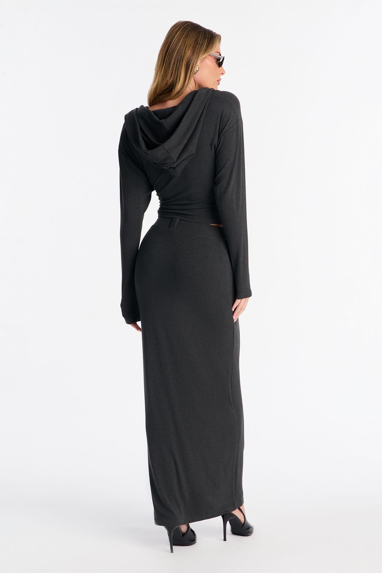 Flow With It Hooded Maxi Skirt Set - Charcoal