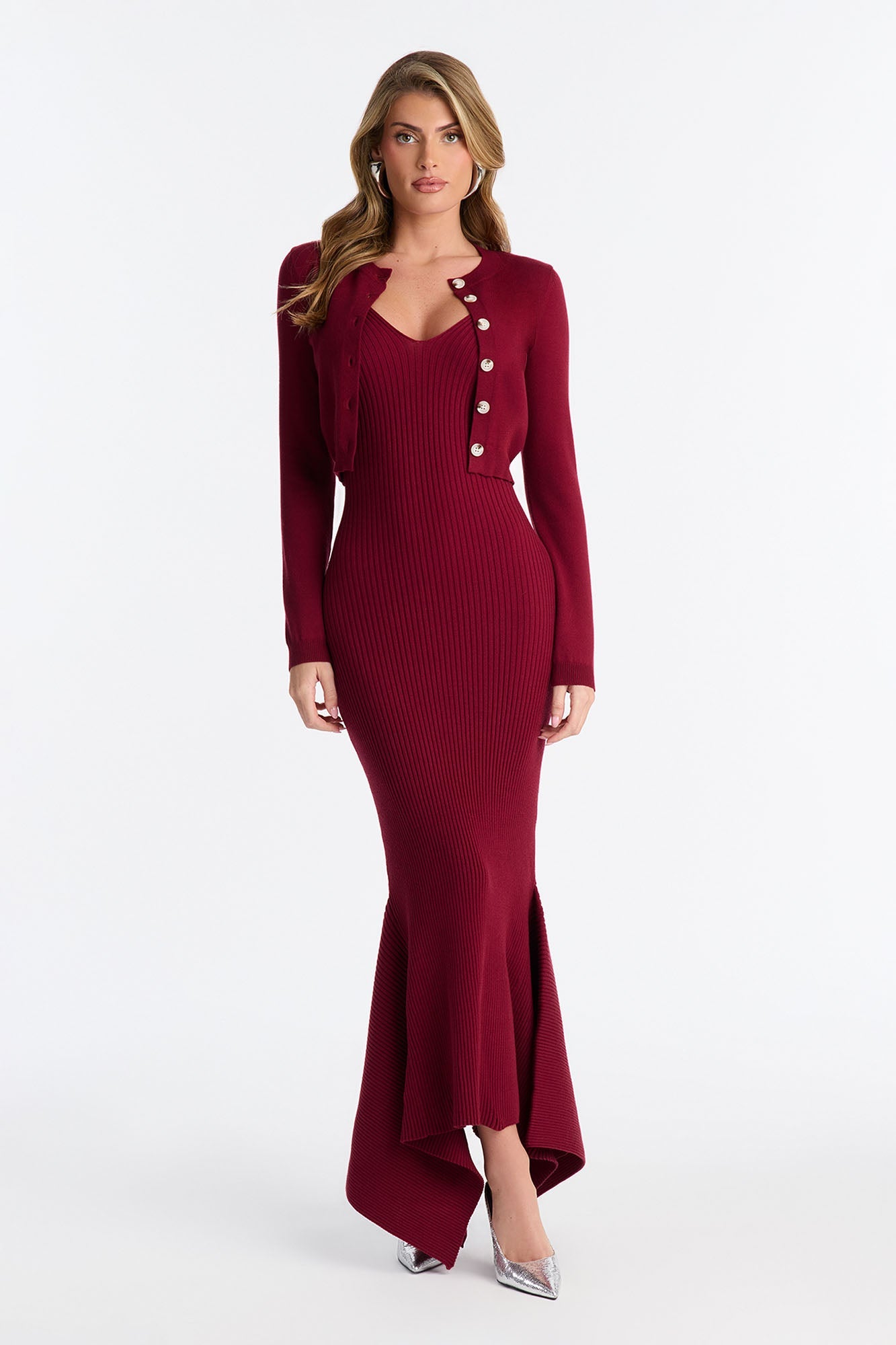 Dazzle Me Ribbed Maxi Dress Set - Wine