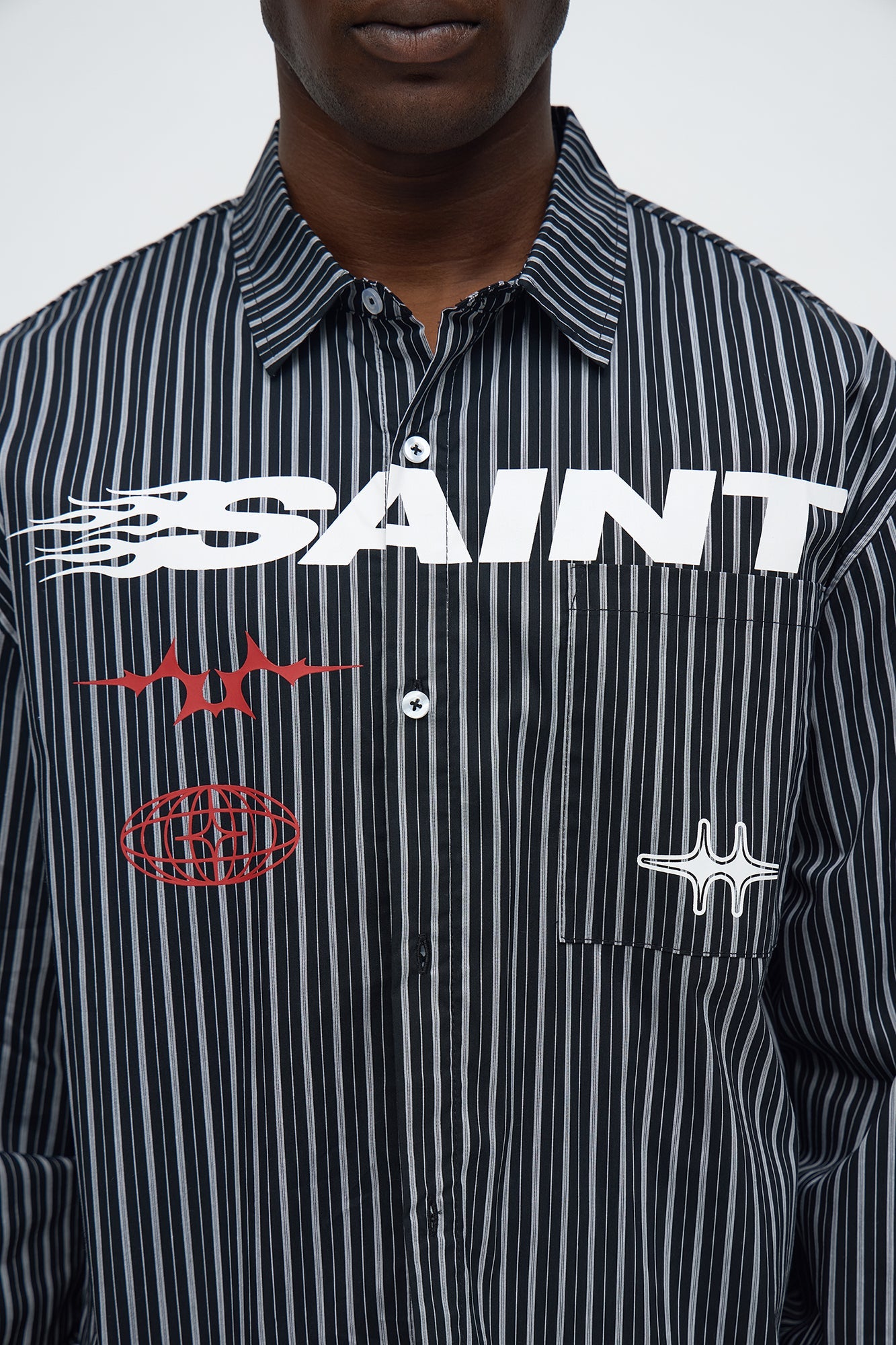 Cropped Pin Stripe Saint Button Up Shirt - Black