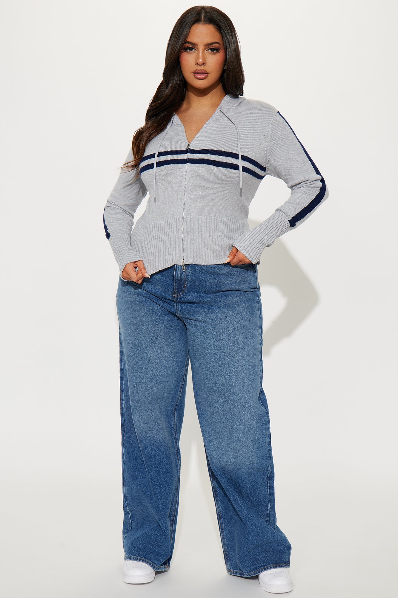 Work It Out Striped Front Zip Sweater - Grey/combo