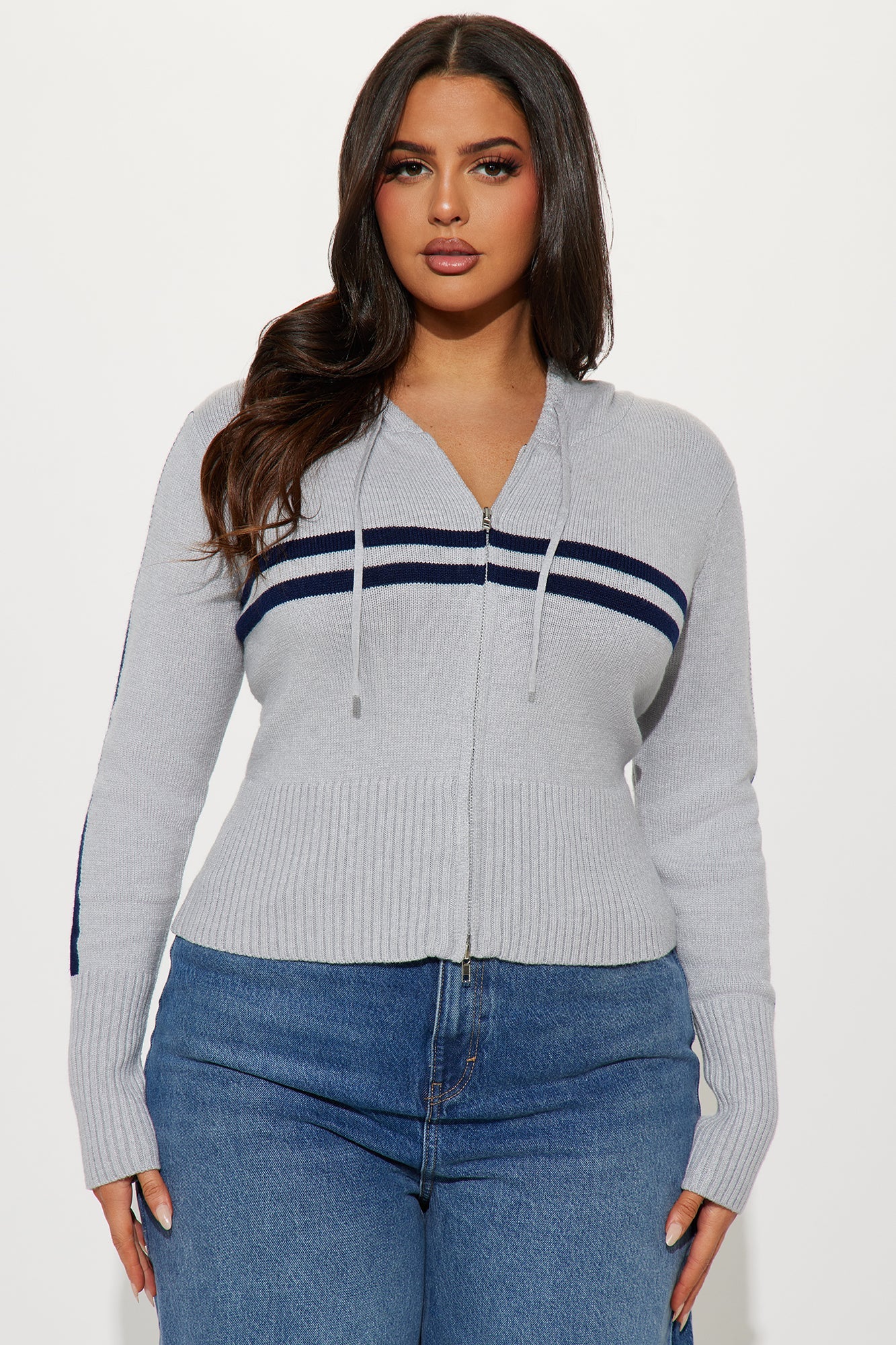Work It Out Striped Front Zip Sweater - Grey/combo