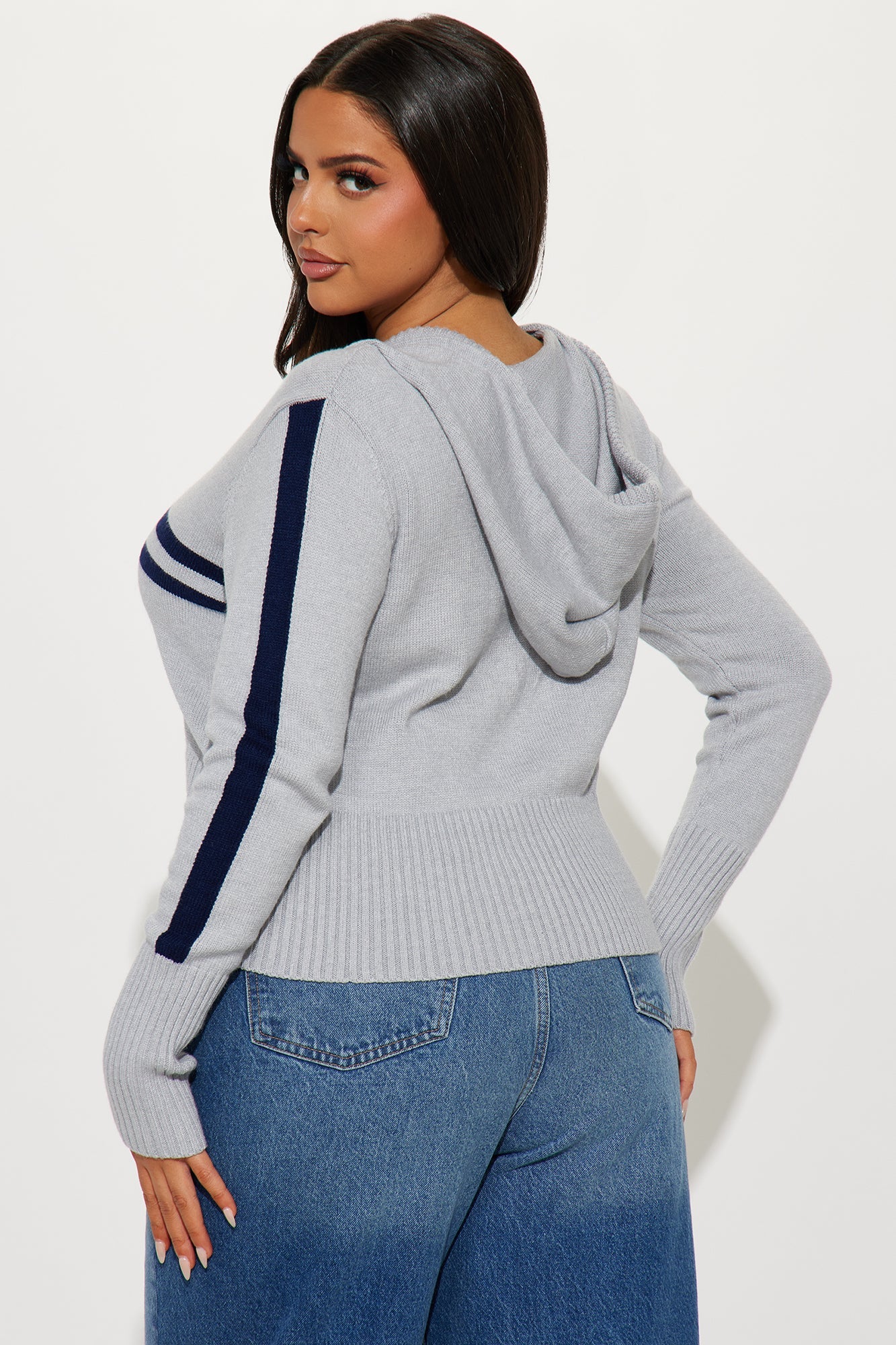 Work It Out Striped Front Zip Sweater - Grey/combo