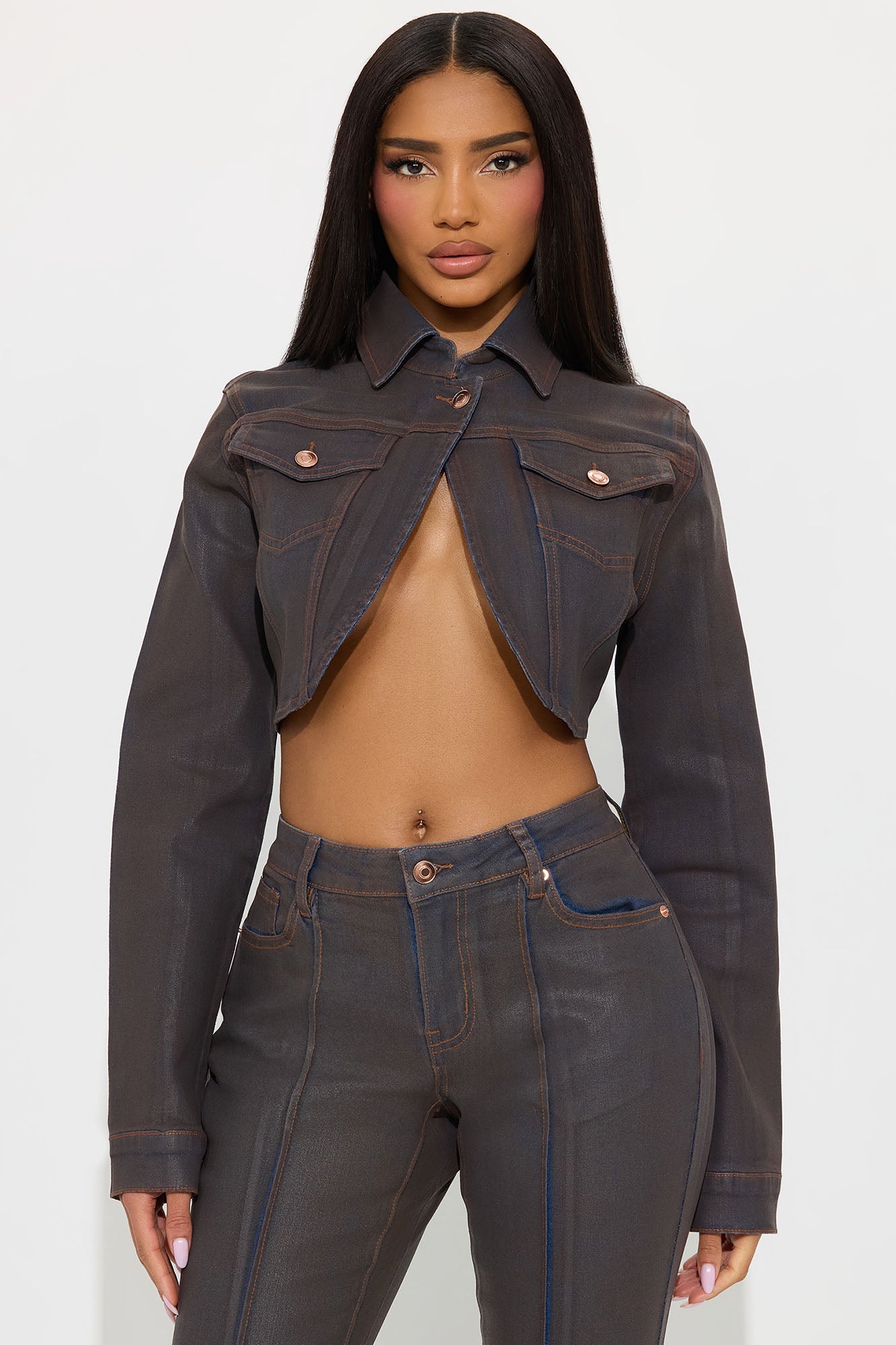 Pinegrove Coated Denim Bolero Jacket - Brown