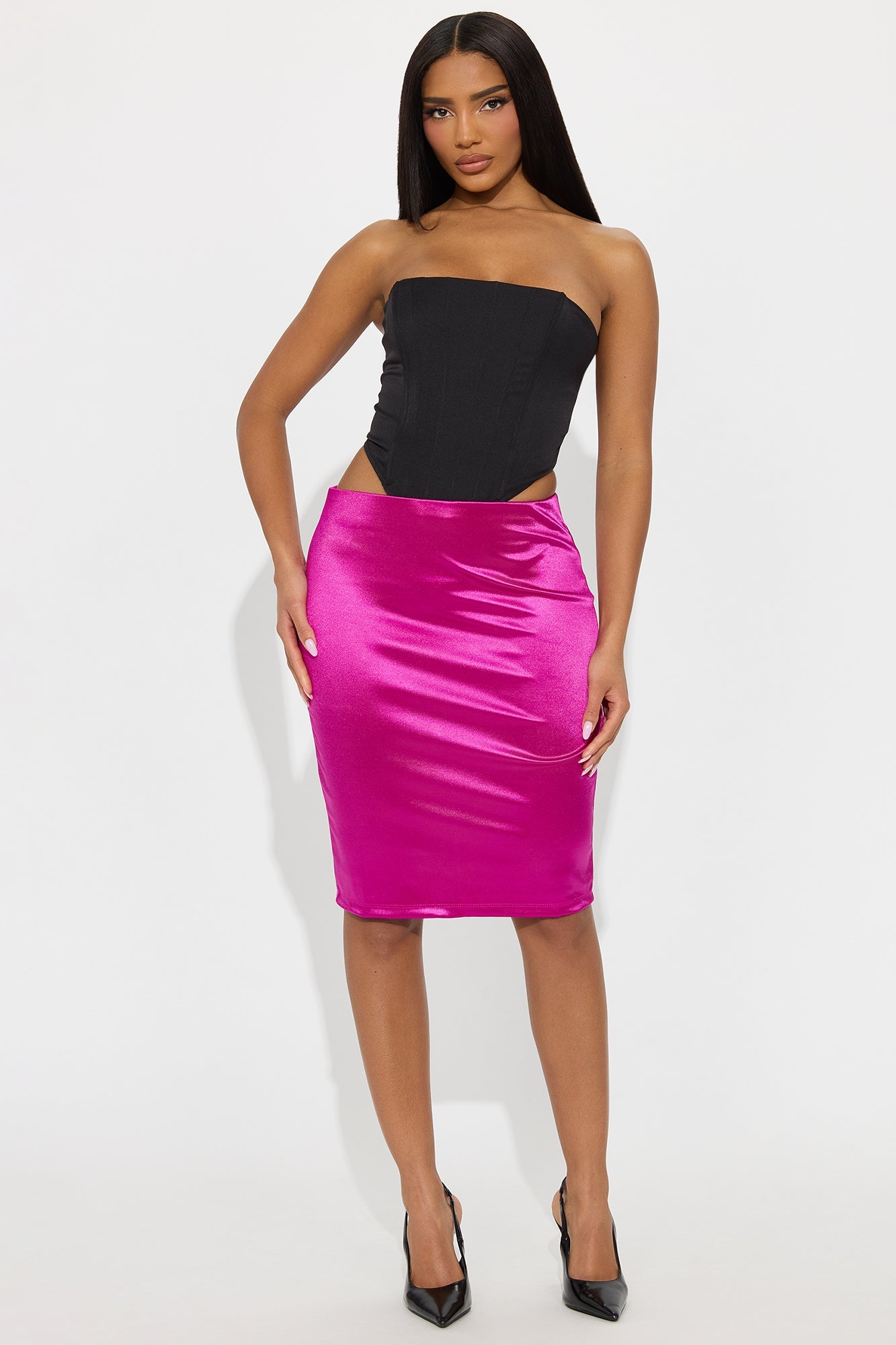 Xena Satin Pencil Midi Skirt - Magenta