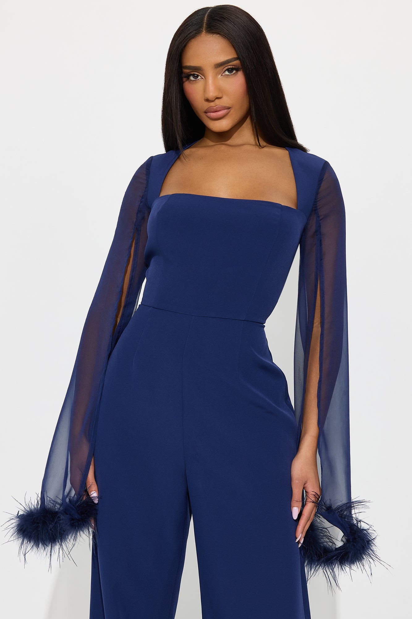 Elle Feather Trim Long Sleeve Wide Leg Jumpsuit - Navy