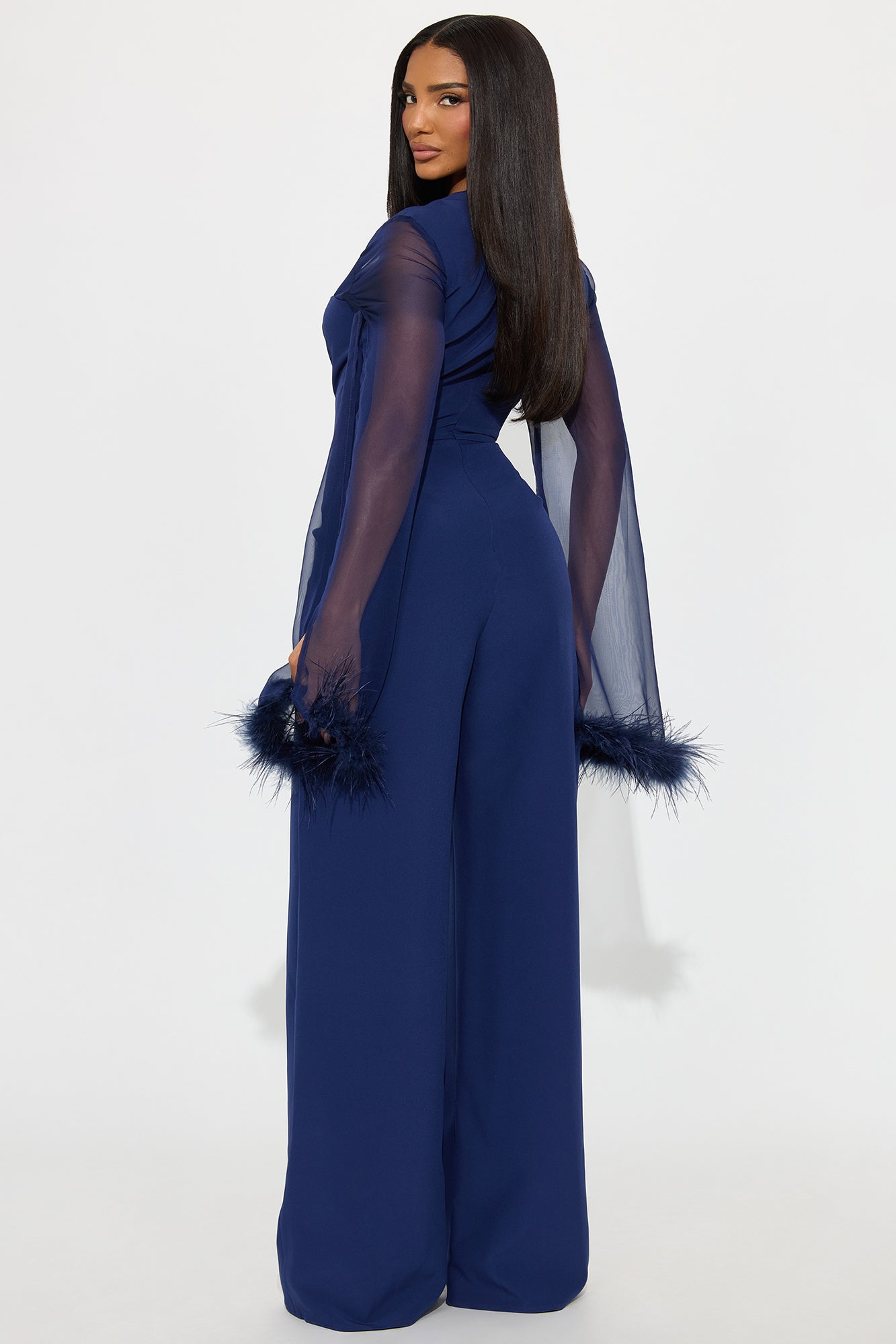 Elle Feather Trim Long Sleeve Wide Leg Jumpsuit - Navy