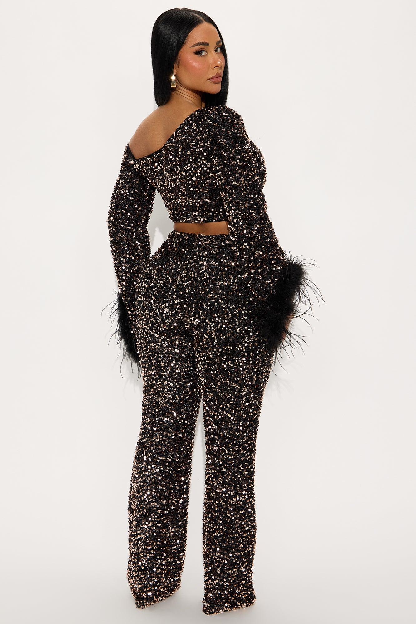Shine All Night Feather Trim Sequin Pant Set - Chocolate