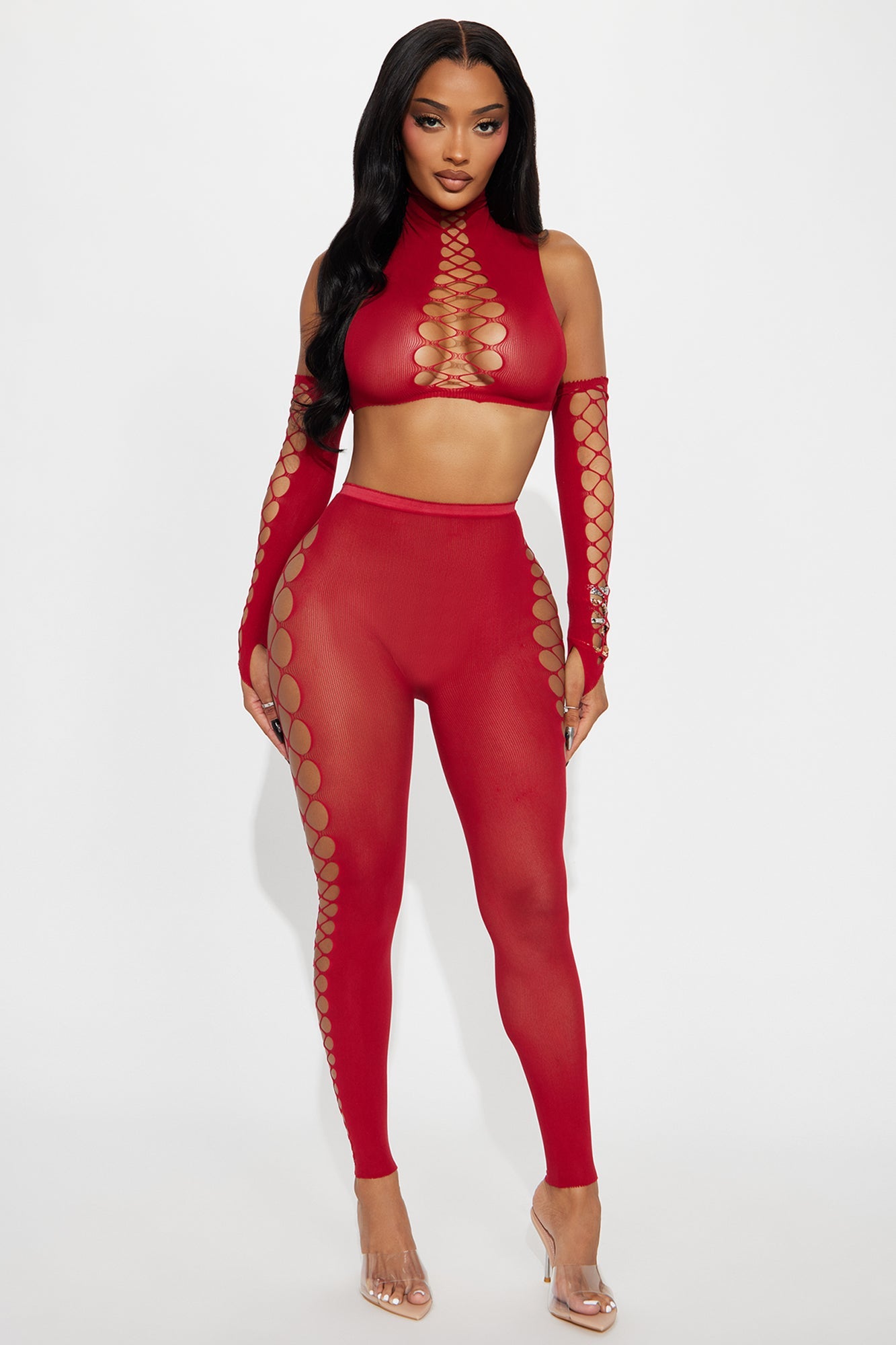 Night Out Sheer Cut 3 Piece Bodystocking Set - Red