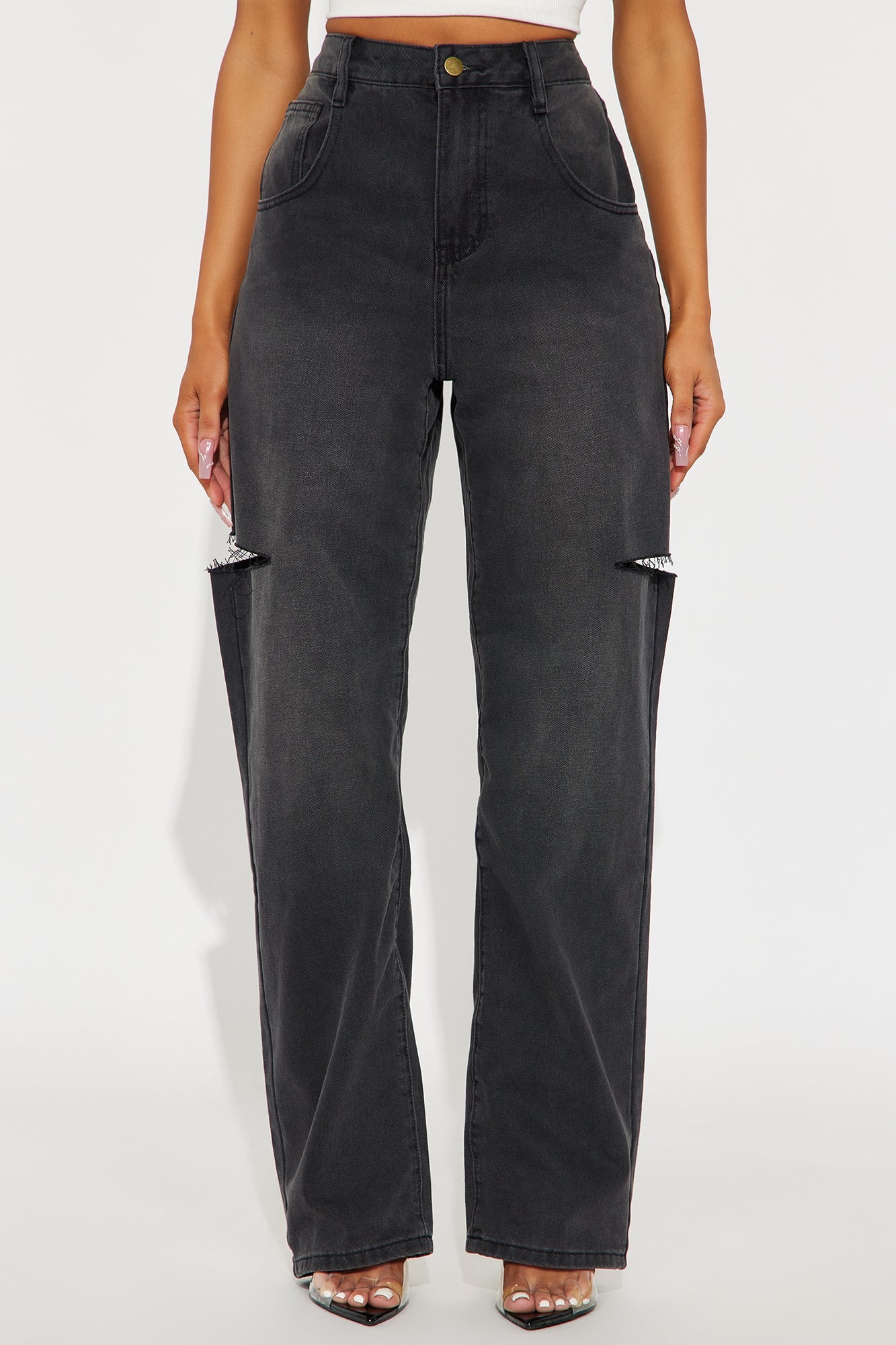 Slashed Thigh Straight Leg Jeans - Black Wash