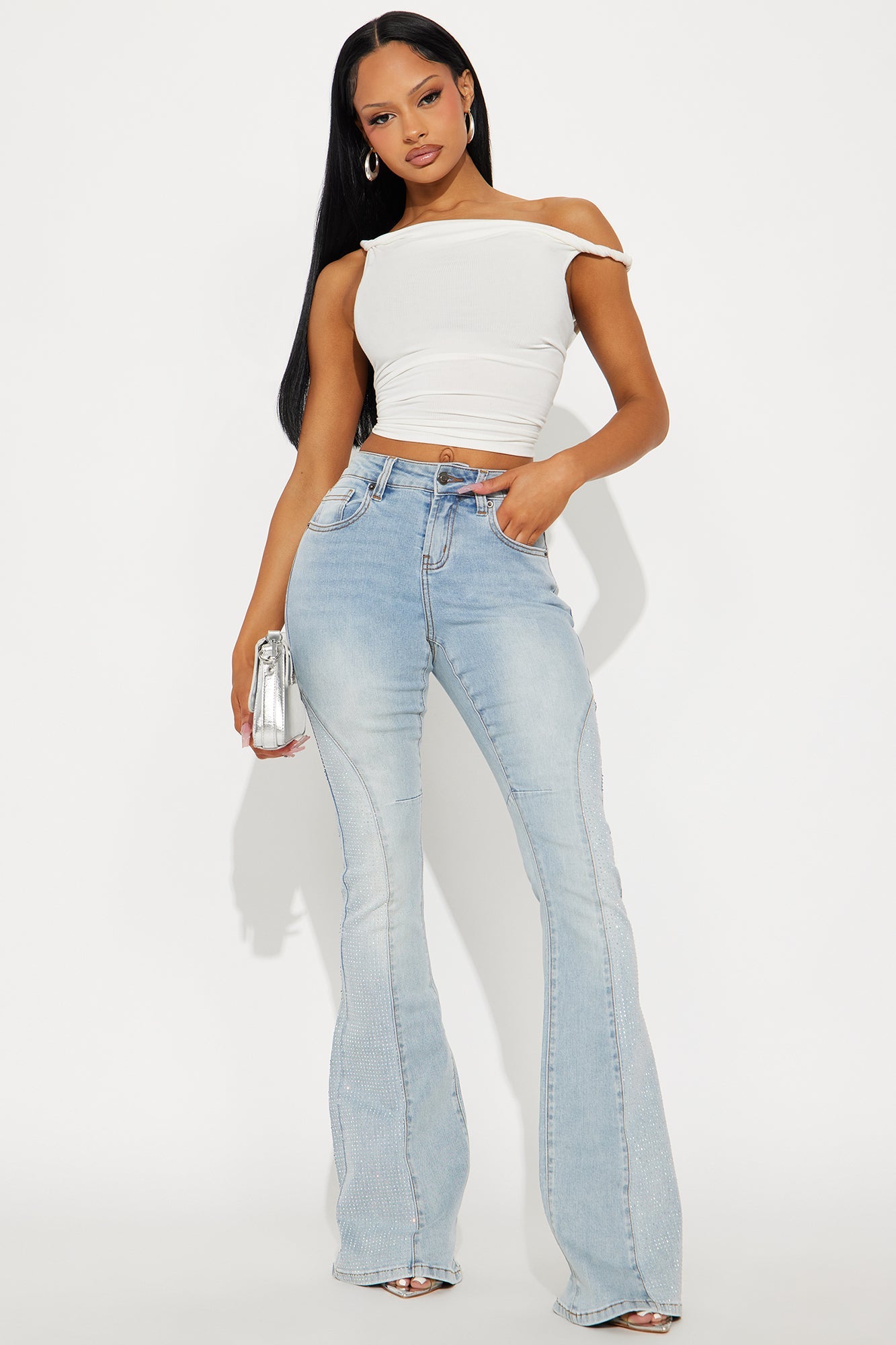 Ritzy Embellished Flare Leg Jeans - Light Wash