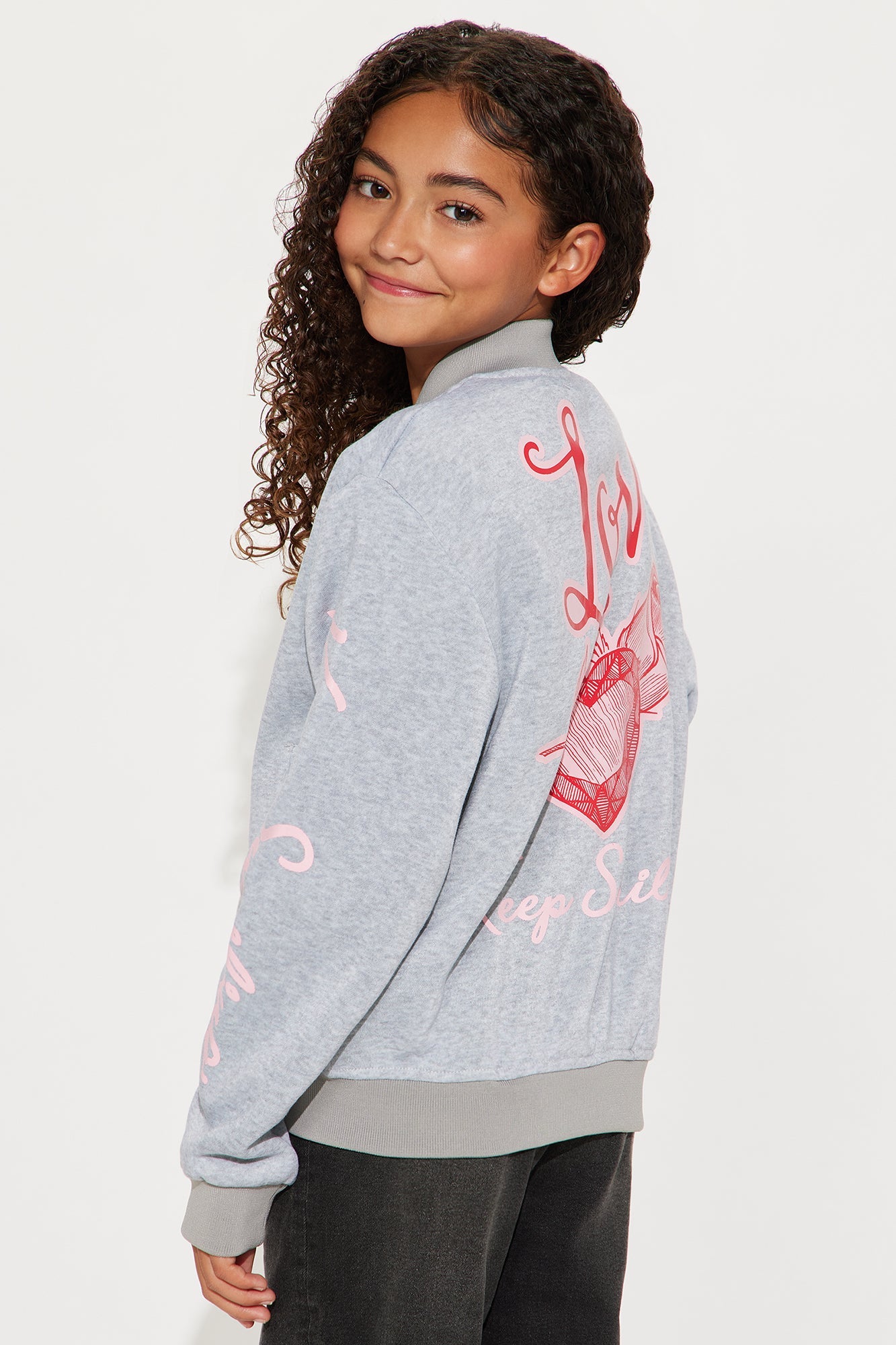 Mini Keep Smiling Love Bomber Jacket - Heather Grey