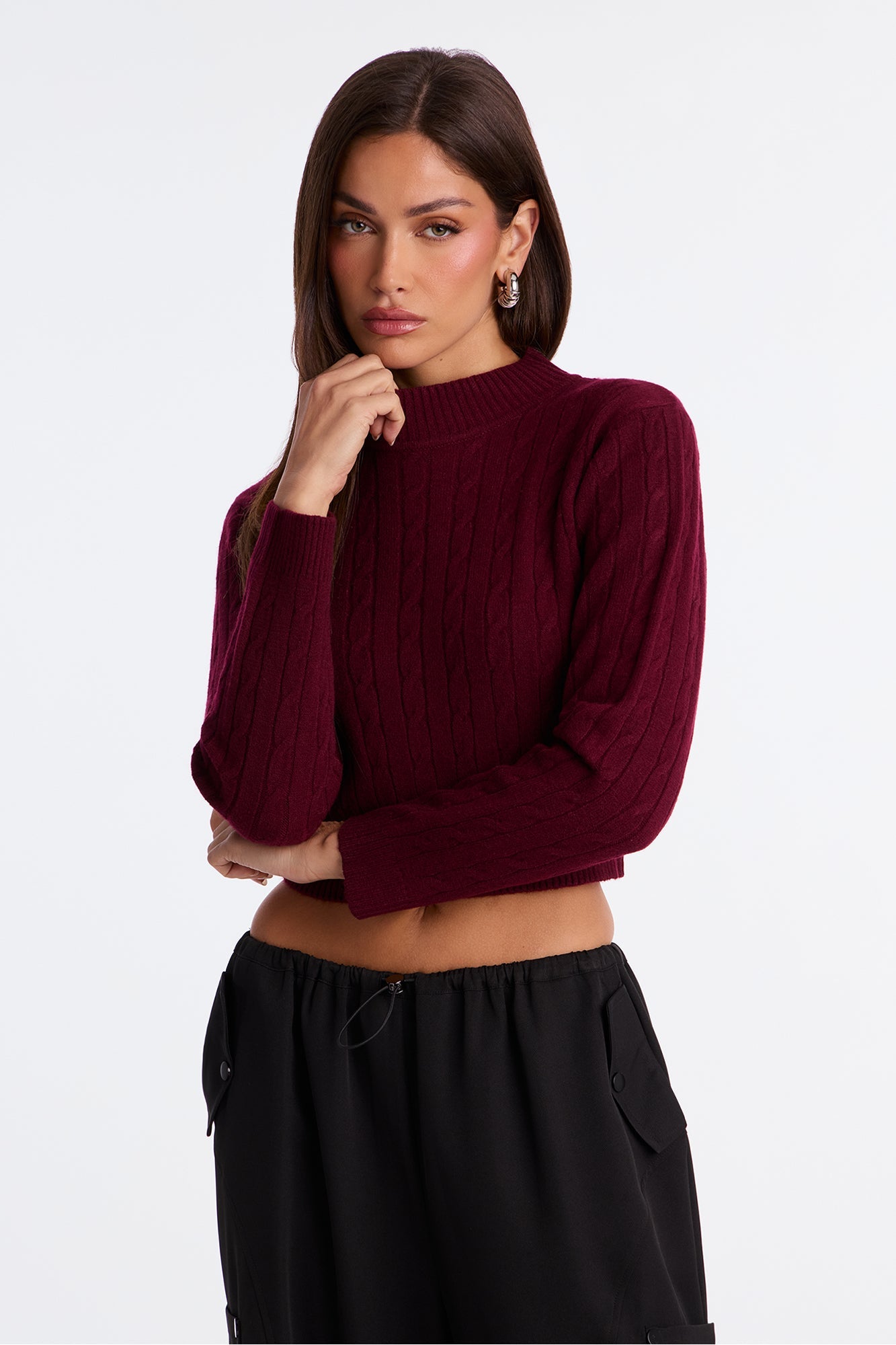 Cozy Mock Neck Cable Knit Sweater - Burgundy