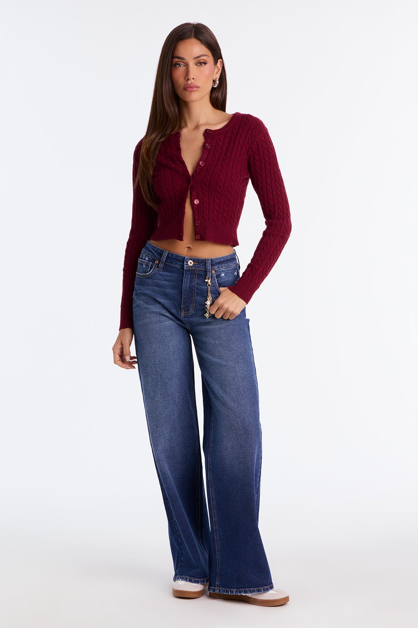 Elowen Cable Knit Cardigan - Burgundy