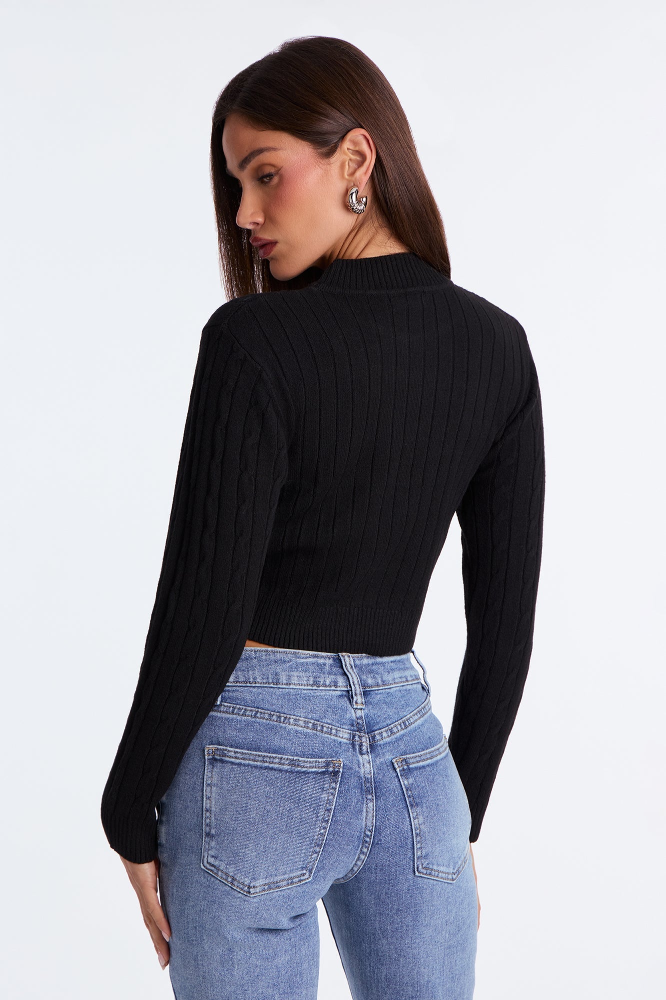 Cozy Mock Neck Cable Knit Sweater - Black