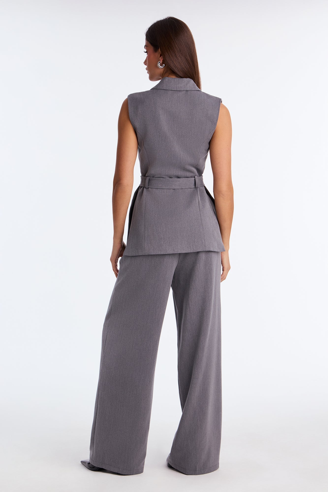 Leanne Sleeveless Belted Blazer Pant Set - Grey